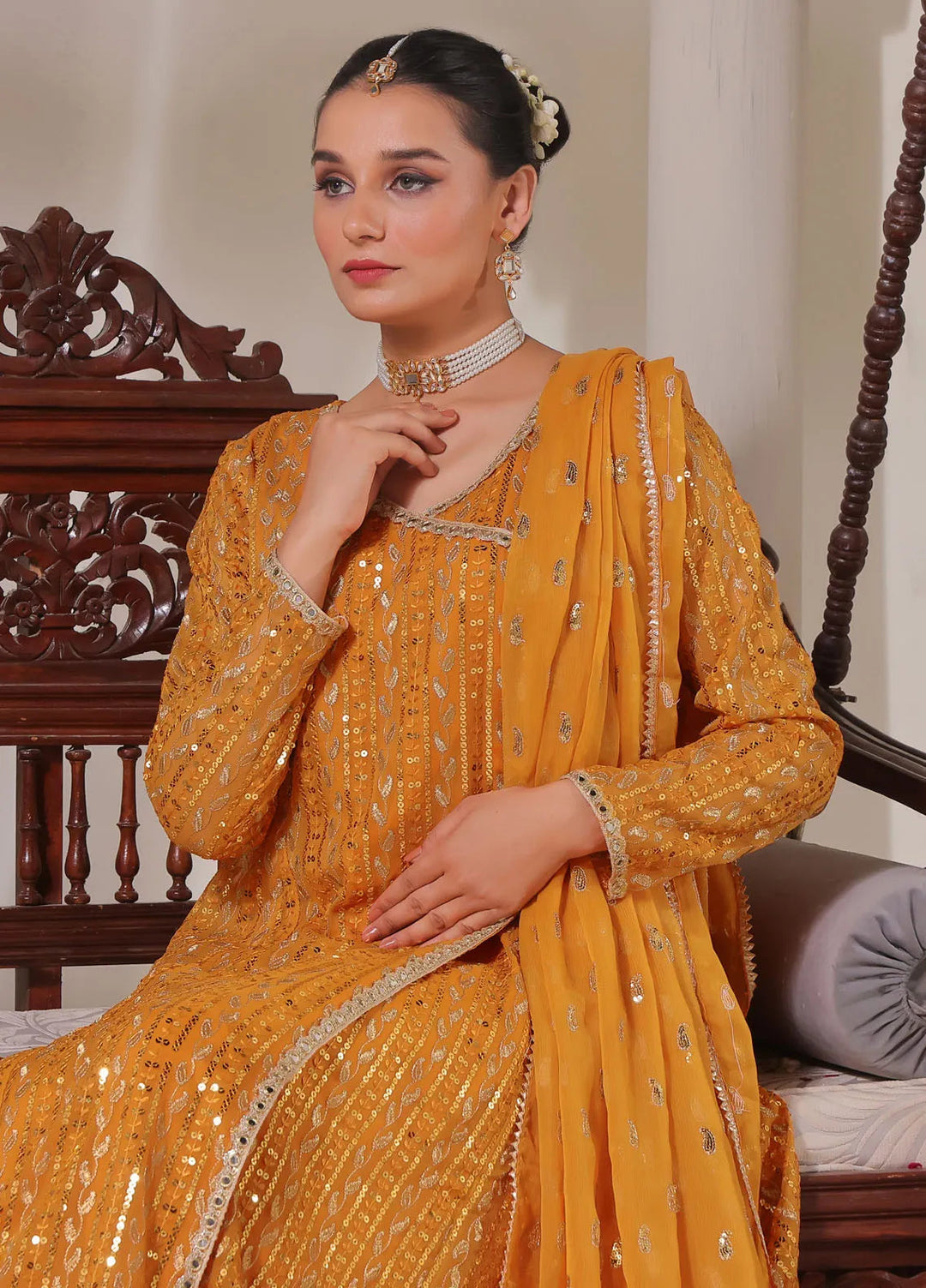 Ayesha Closet Pret Embroidered Chiffon 3 Piece Suit Resham Mustard