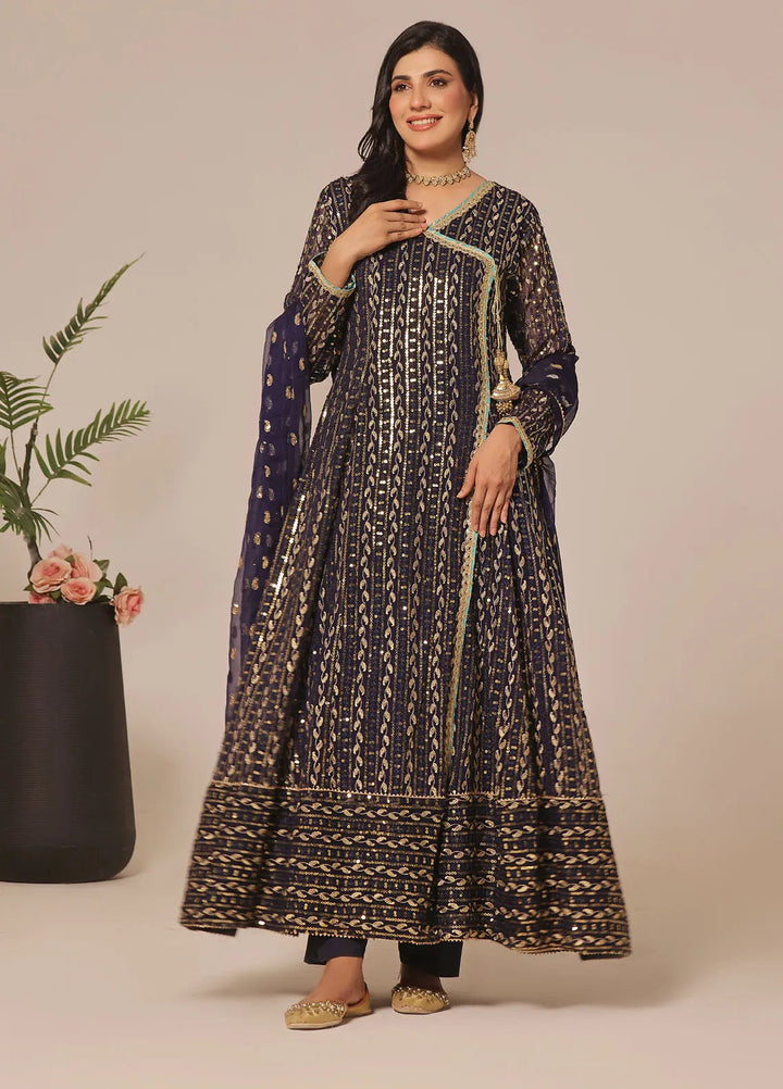 Ayesha Closet Pret Embroidered Chiffon 3 Piece Suit Resham Navy Blue