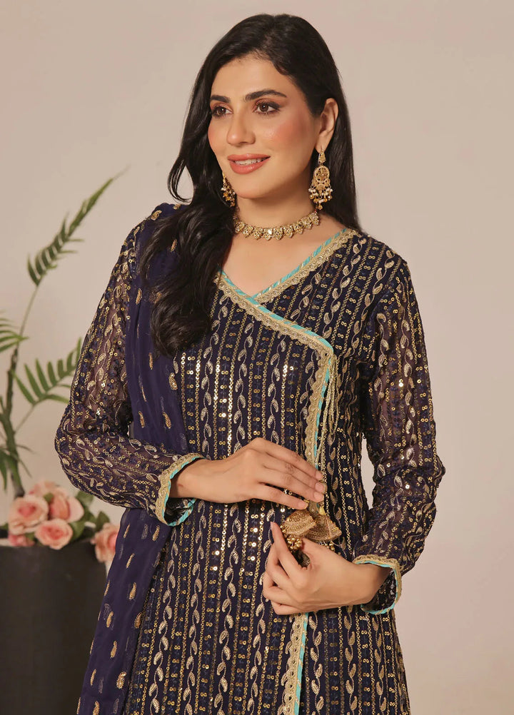 Ayesha Closet Pret Embroidered Chiffon 3 Piece Suit Resham Navy Blue
