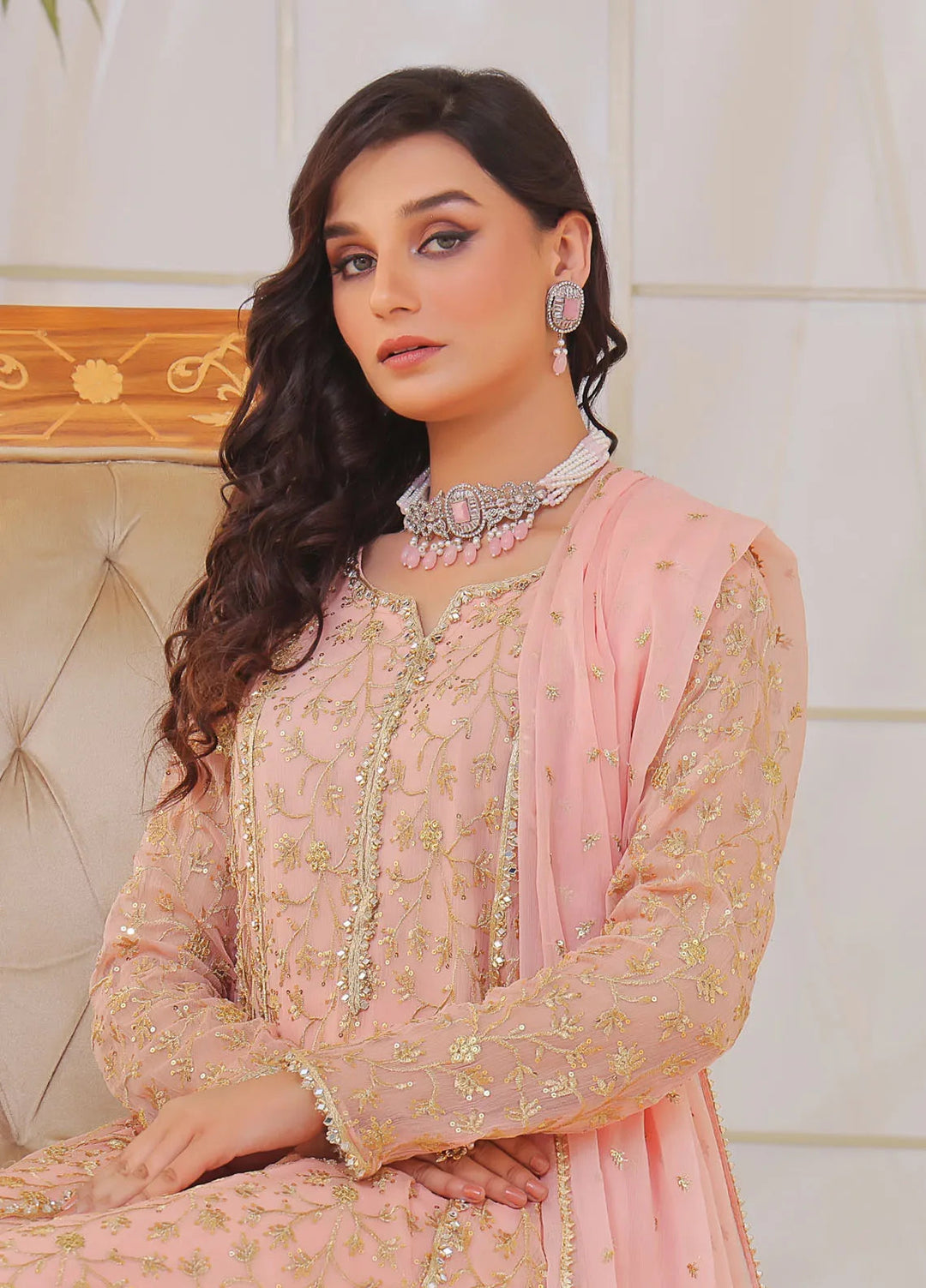 Ayesha Closet Pret Embroidered Chiffon 3 Piece Suit Sara Pink