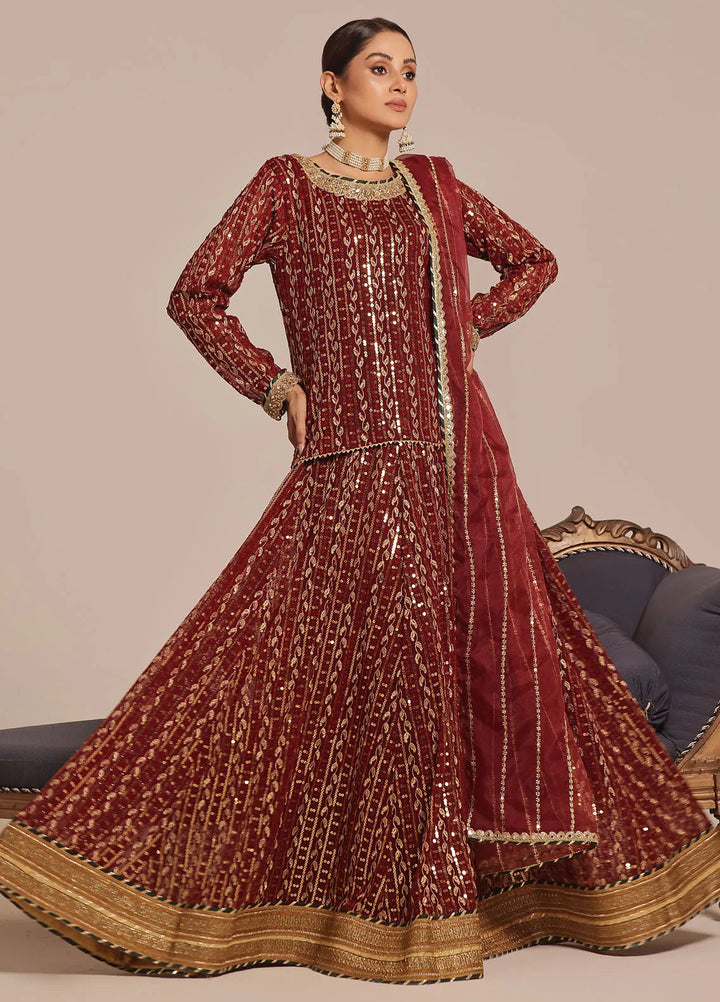 Ayesha Closet Pret Embroidered Chiffon 3 Piece Suit Shadmani Mahroon