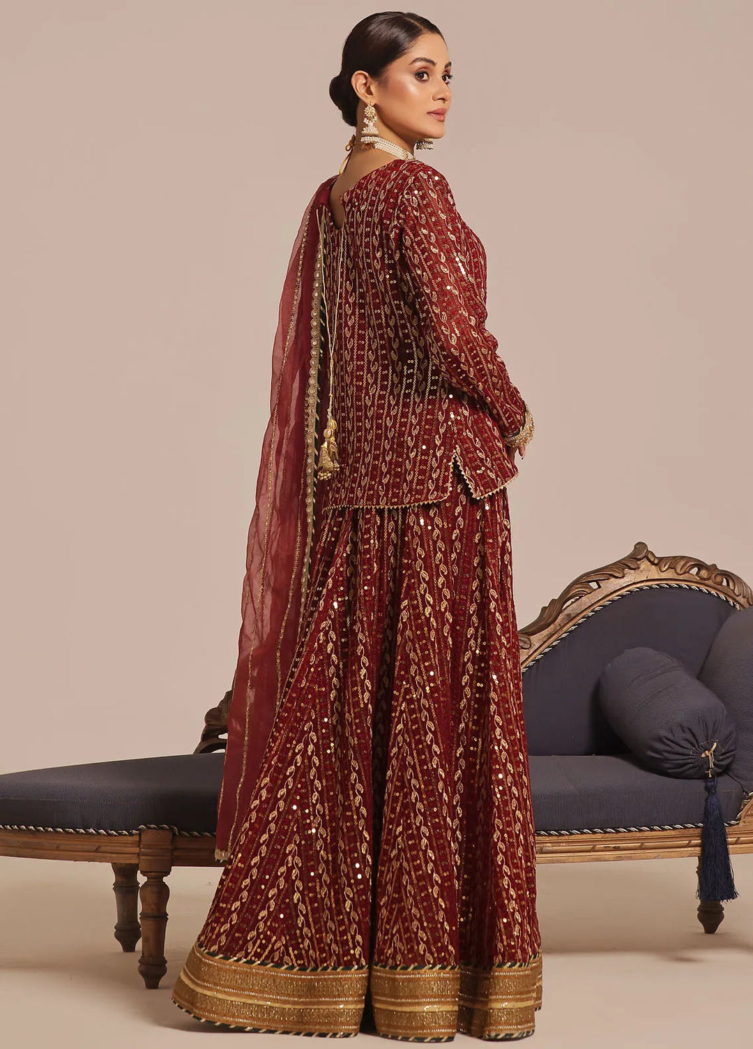 Ayesha Closet Pret Embroidered Chiffon 3 Piece Suit Shadmani Mahroon
