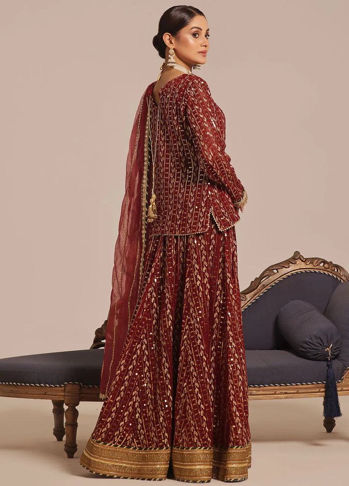 Ayesha Closet Pret Embroidered Chiffon 3 Piece Suit Shadmani Mahroon