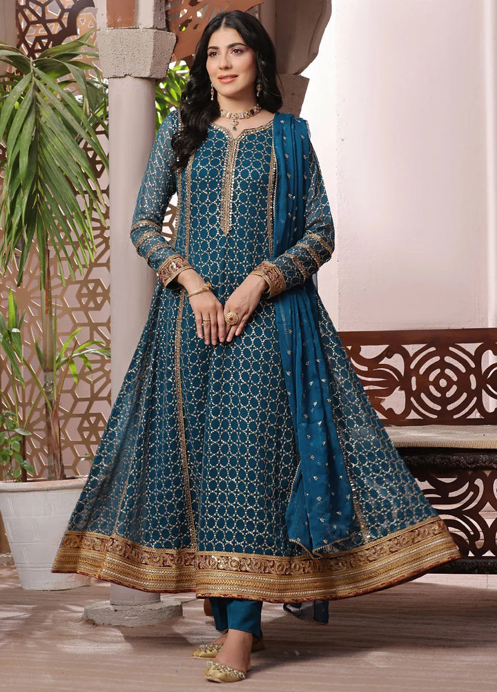 Ayesha Closet Pret Embroidered Chiffon 3 Piece Suit Shahzadi Teal Blue