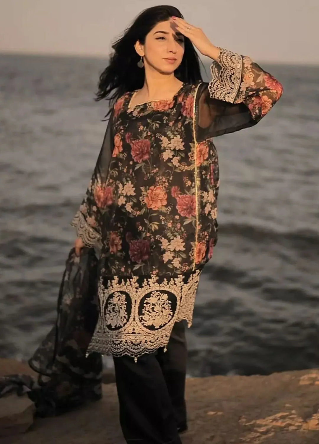 Ayla Studio Pret Embroidered Organza 3 Piece Suit KH-001 Black Garden