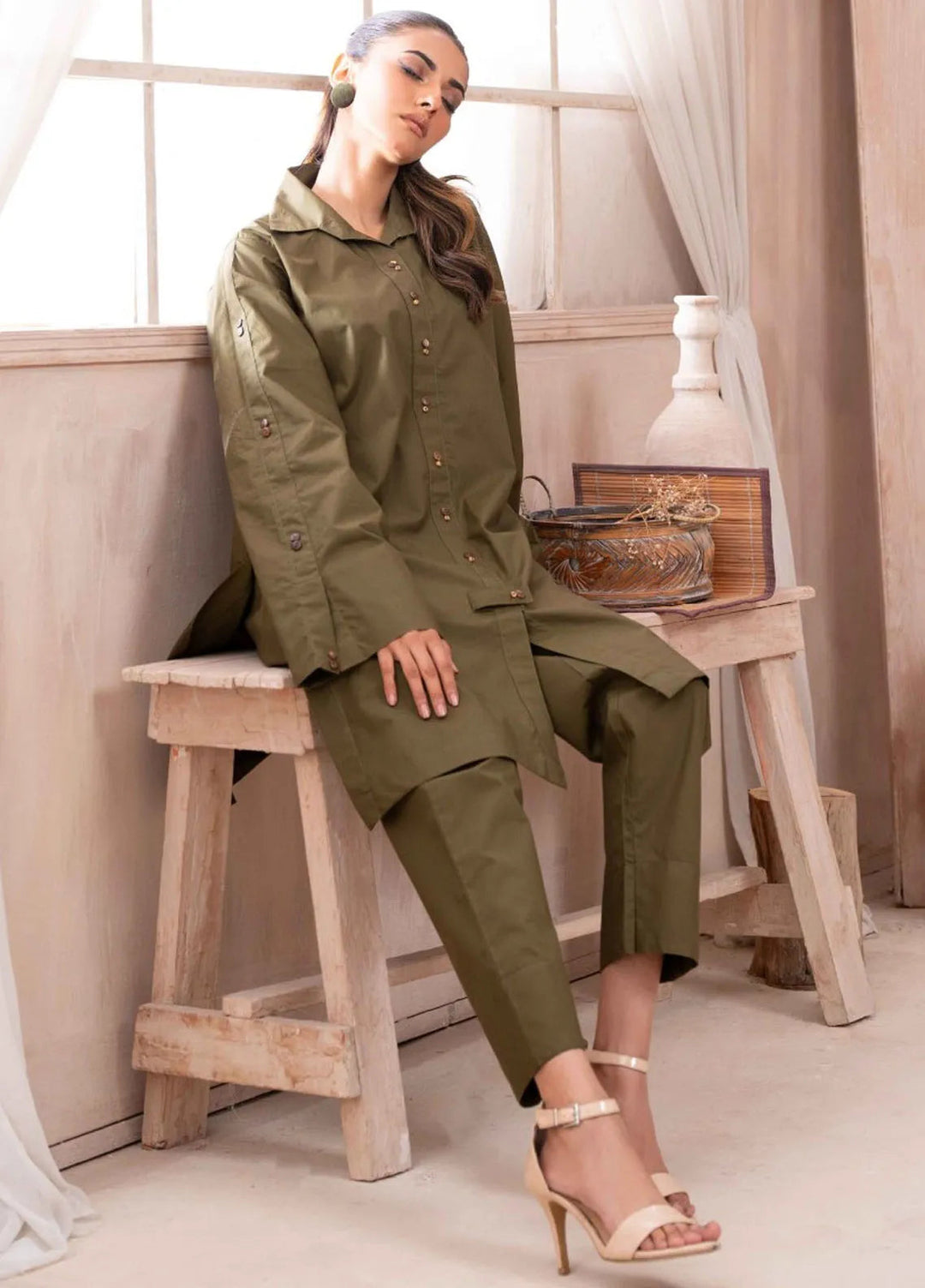 Ayla Studio Pret Printed Cotton 2 Piece Suit DM-006 Olive