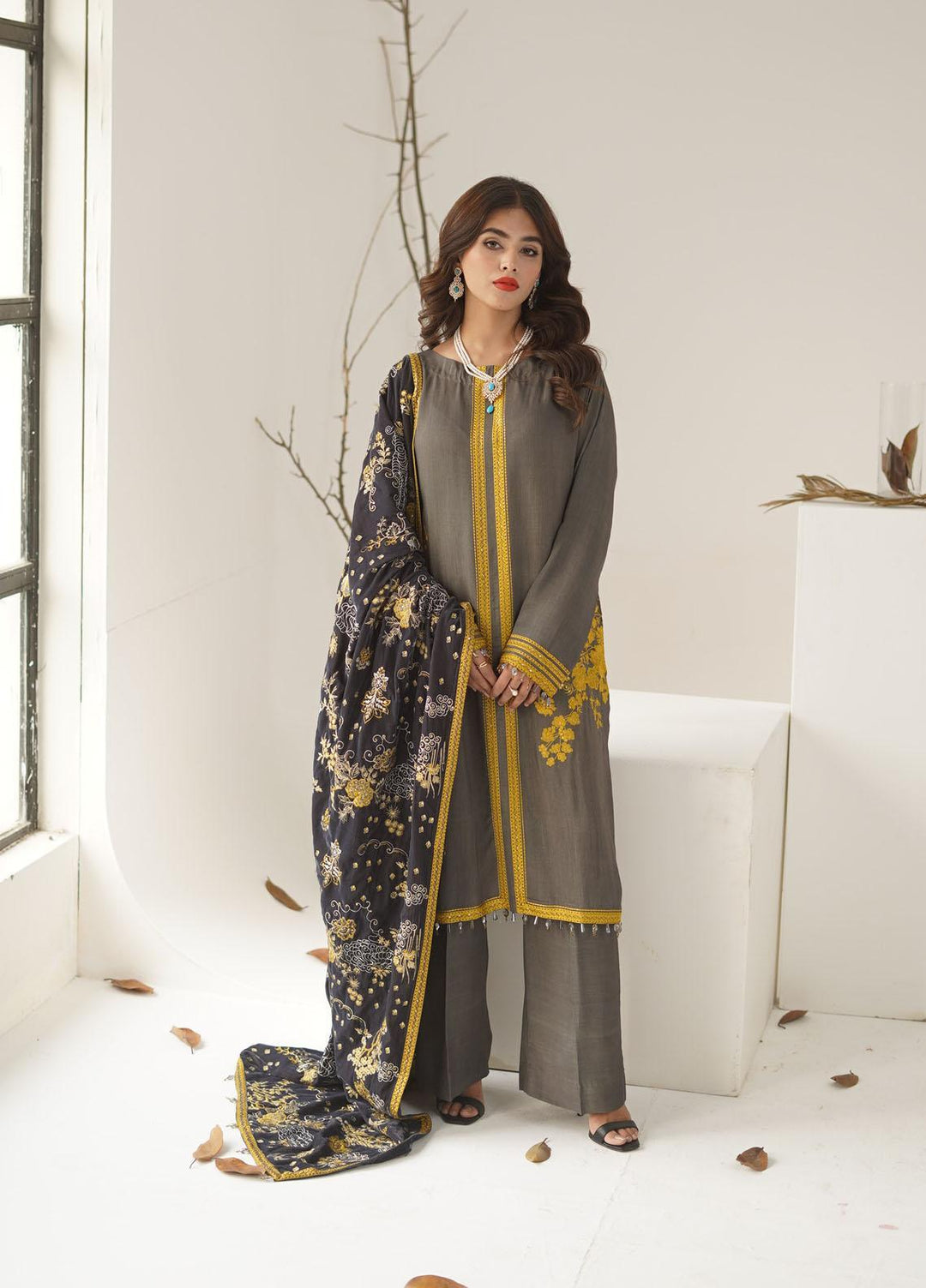 Ayra by Muraad Embroidered Raw Silk Suits Unstitched 3 Piece MU22AR A-003 Mahnum - Luxury Winter Collection