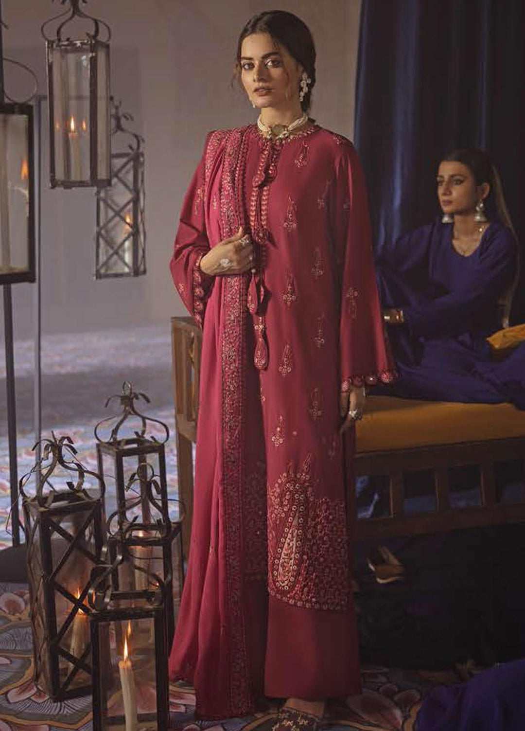 Azal by Cross Stitch Embroidered Cotton Satin Suits Unstitched 3 Piece CS21AS 05 CARMINE GLOW - Winter Collection