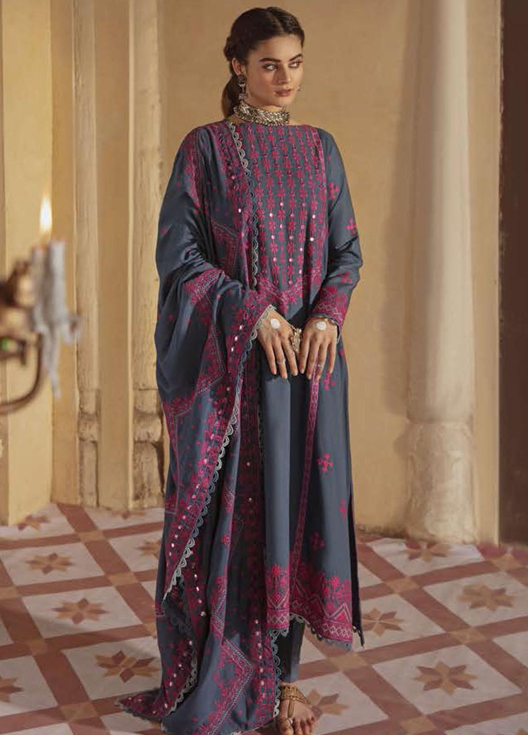 Azal by Cross Stitch Embroidered Cotton Satin Suits Unstitched 3 Piece CS21AS 06 FOLK BLUE - Winter Collection