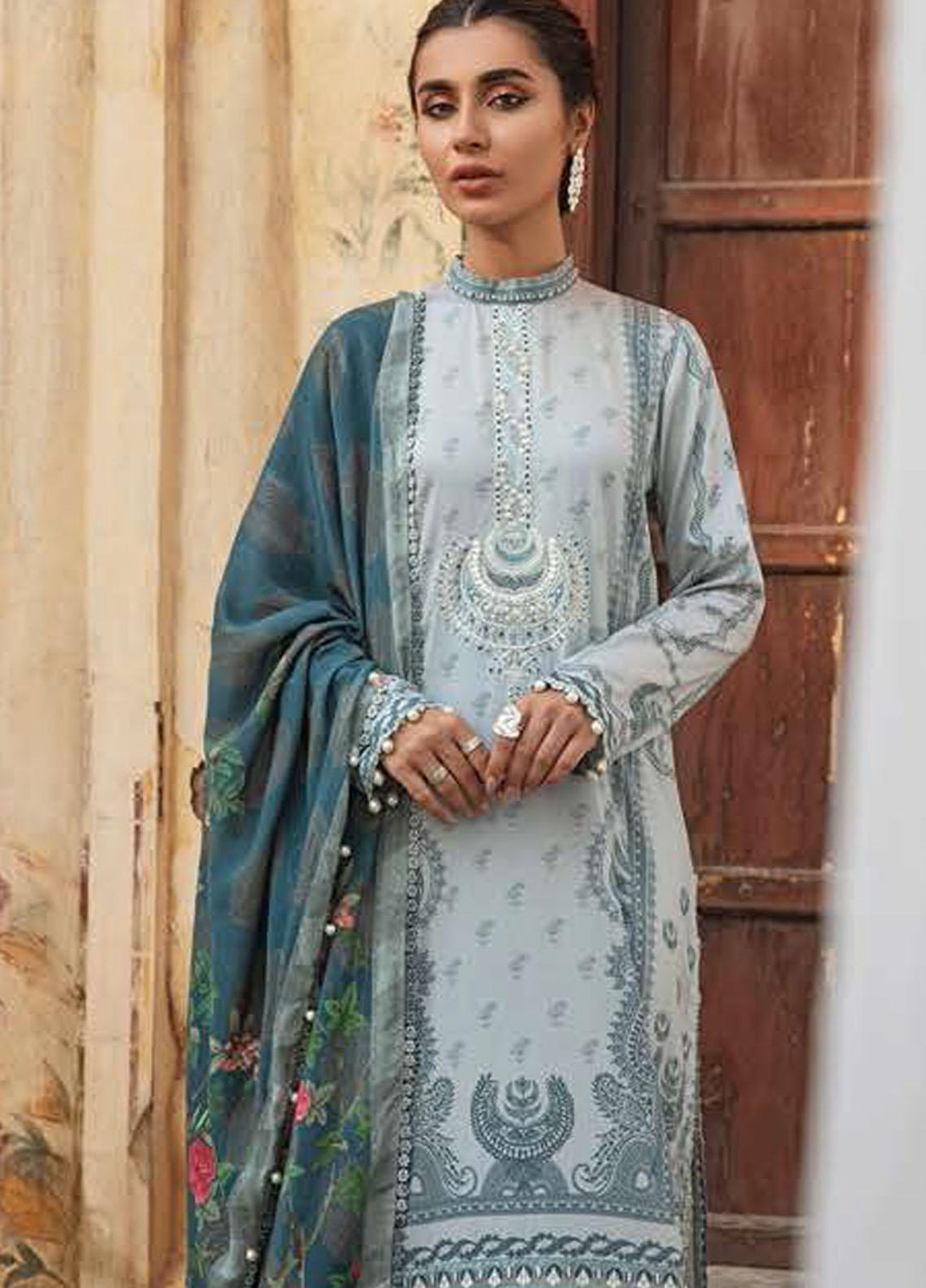 Azal by Cross Stitch Embroidered Cotton Satin Suits Unstitched 3 Piece CS21AS 15 SKY HAZE - Winter Collection
