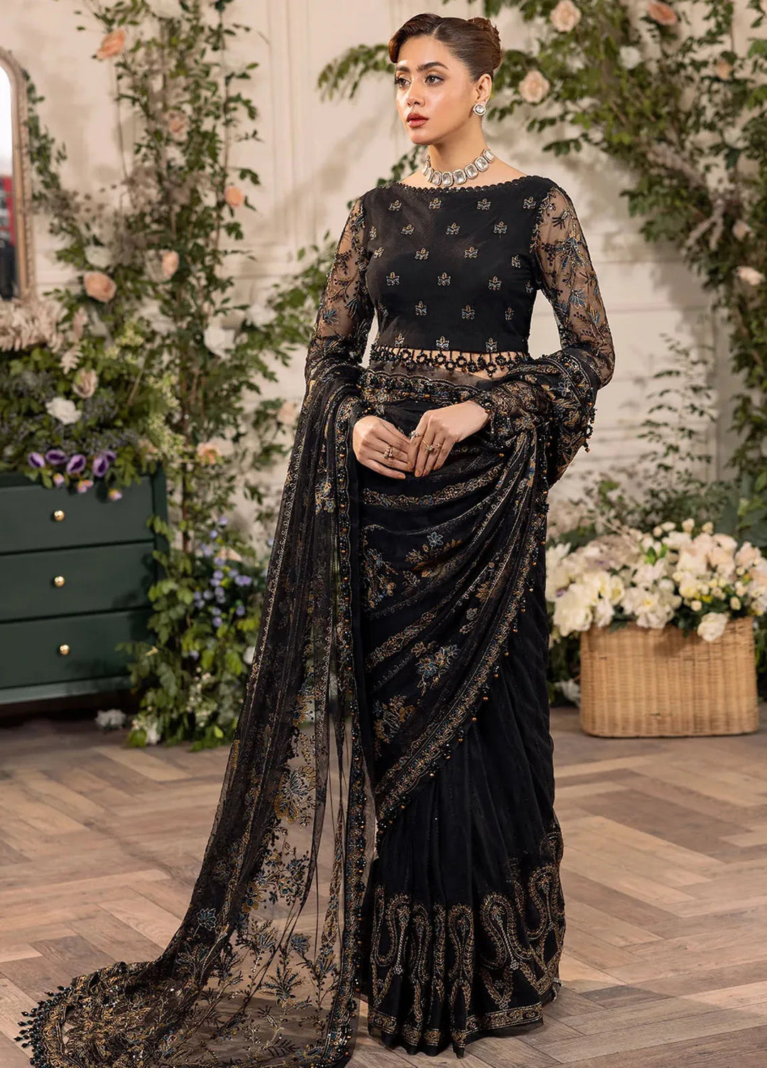 Azalea By House of Nawab Embroidered Net Suit Unstitched Saree HON24A D-04 Douha - Formal Collection