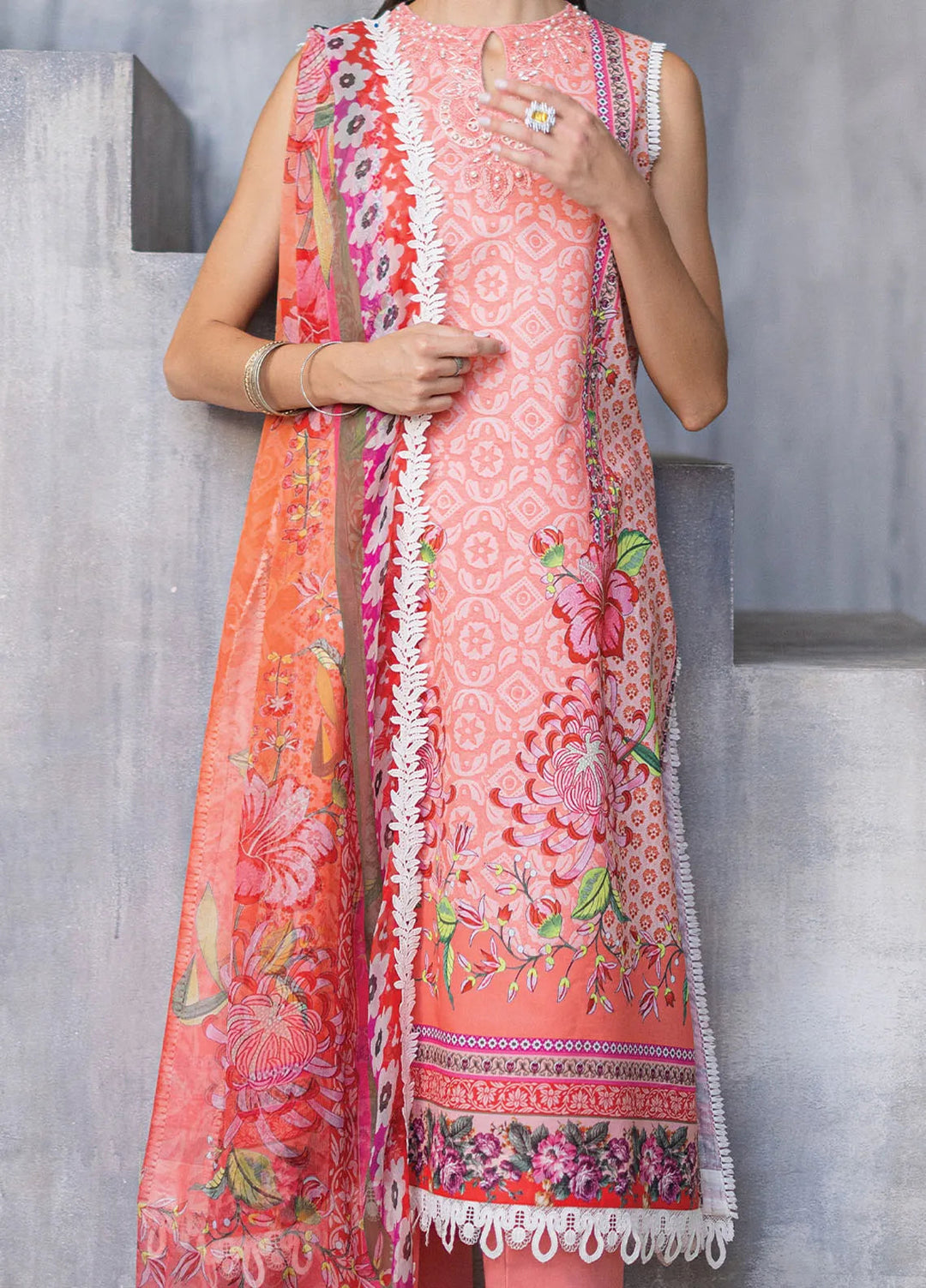 Azalea by Roheenaz Printed Lawn Suit Unstitched 3 Piece RNZ24A Radiant Rose RNZ-04A - Summer Collection