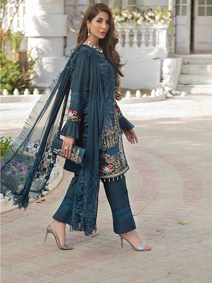 Salitex Women Unstitched Embroidered Chiffon 3 Piece Suit Azure Blue HC-00007 - Festive Collection