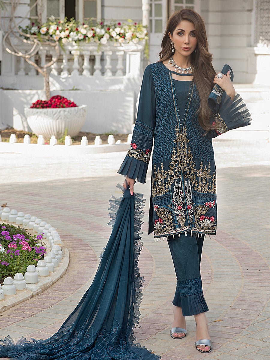 Salitex Women Unstitched Embroidered Chiffon 3 Piece Suit Azure Blue HC-00007 - Festive Collection