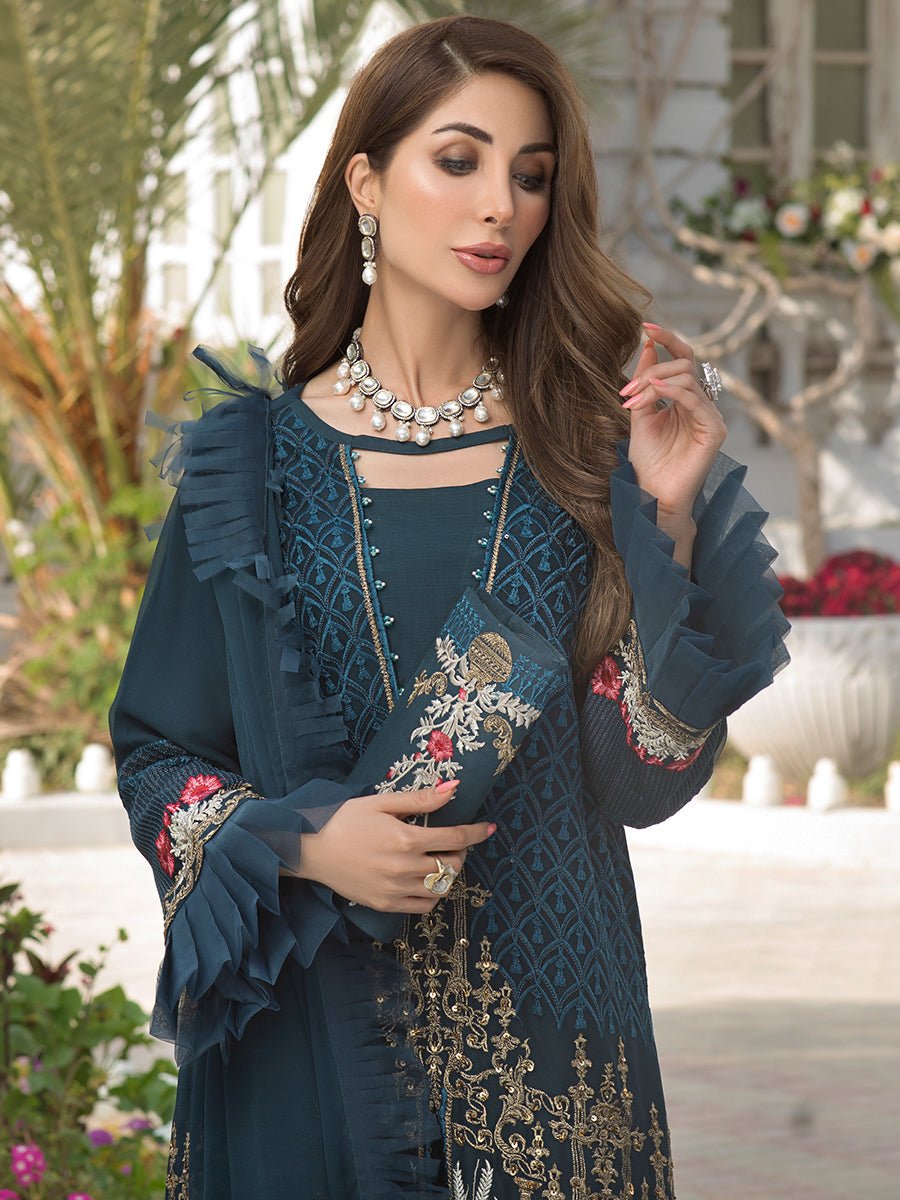 Salitex Women Unstitched Embroidered Chiffon 3 Piece Suit Azure Blue HC-00007 - Festive Collection
