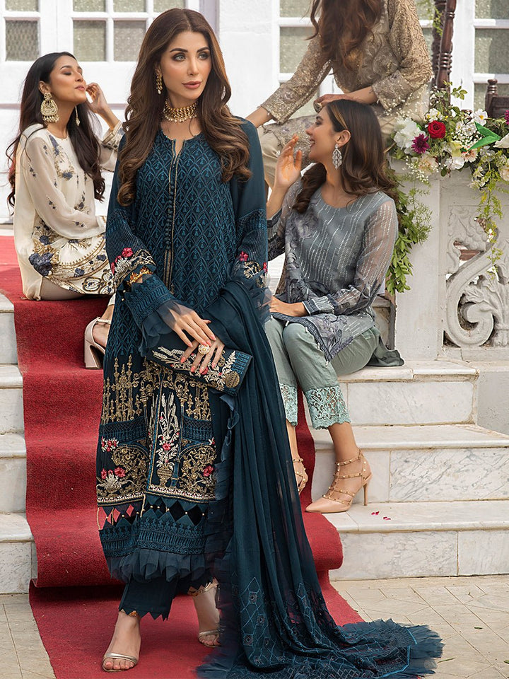 Salitex Women Unstitched Embroidered Chiffon 3 Piece Suit Azure Blue HC-00007 - Festive Collection