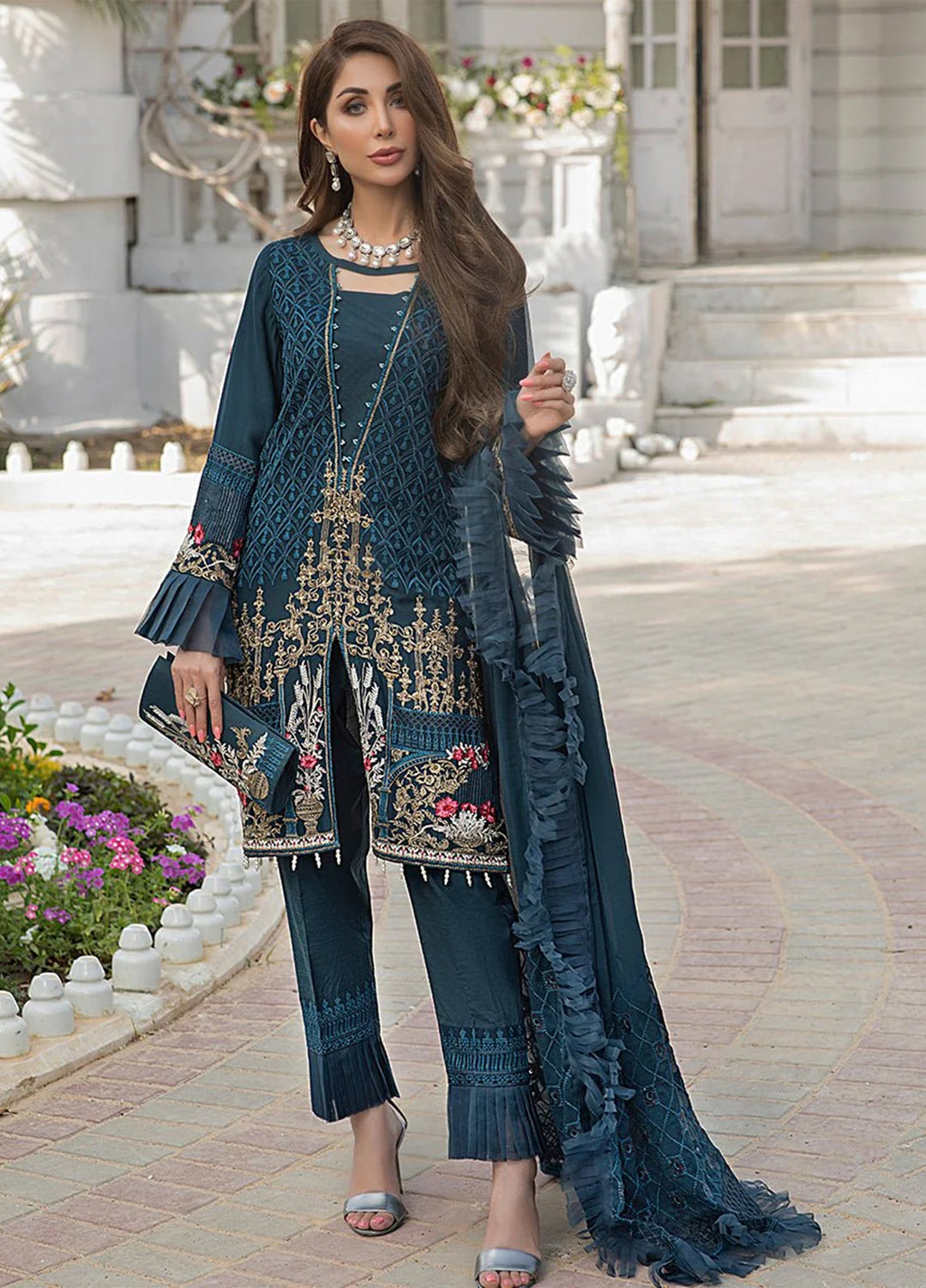 Salitex Women Unstitched Embroidered Chiffon 3 Piece Suit Azure Blue HC-00007 - Festive Collection