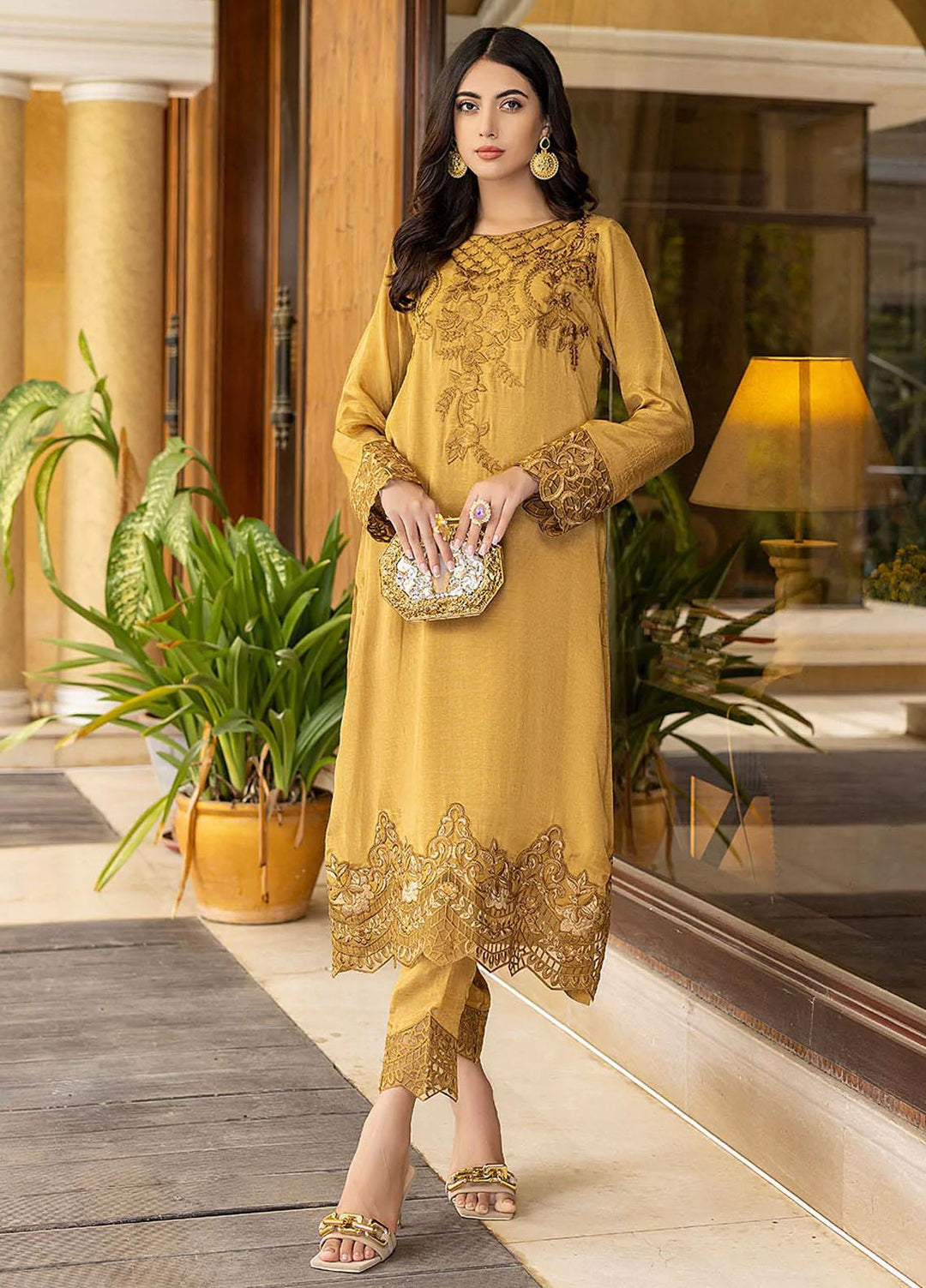 Azure Luxury Pret   2 Piece Dress Mustard Charm MC305
