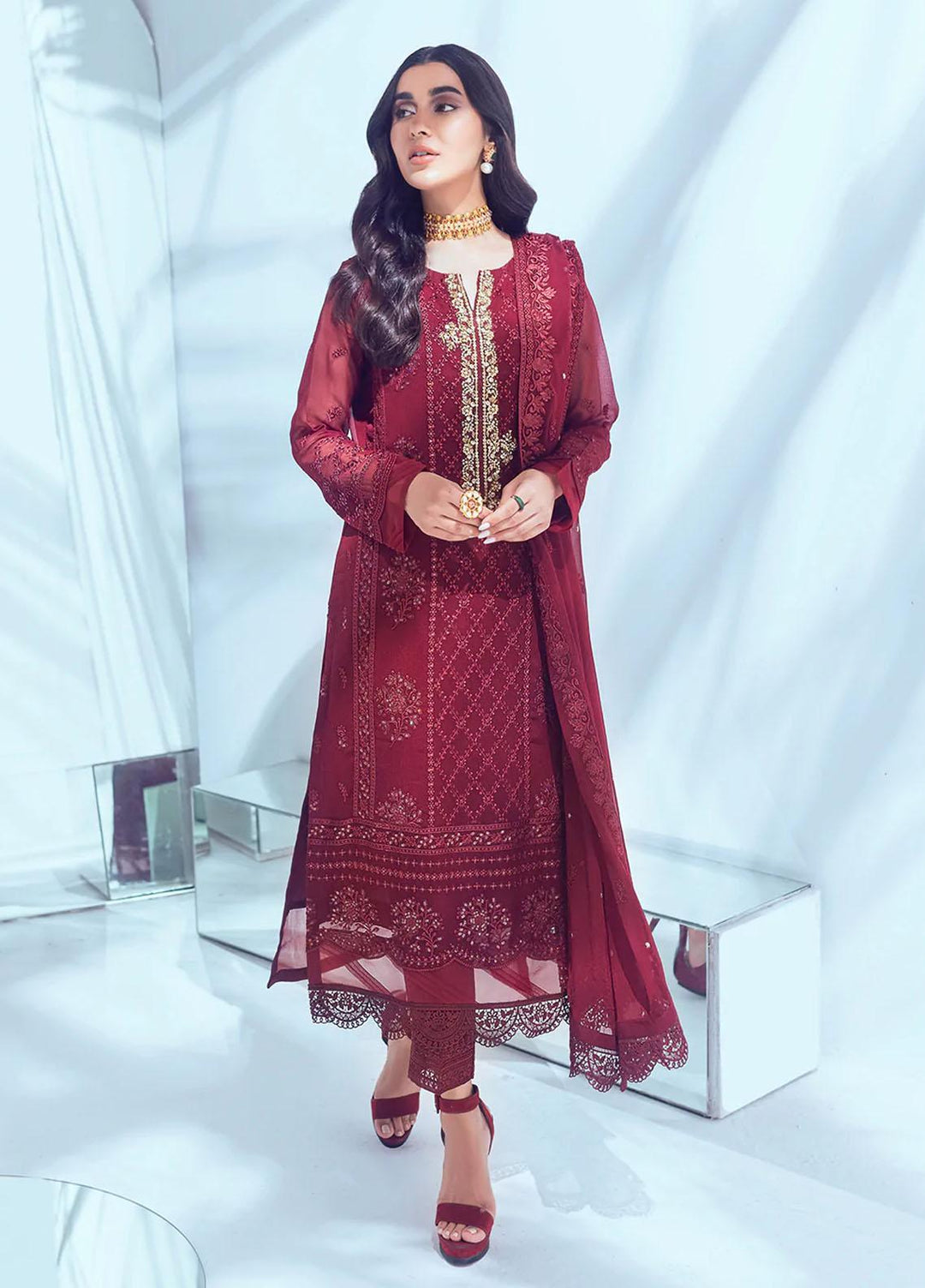 Azure Pret  Chiffon 3 Piece Suit Crimson Rose CRES006