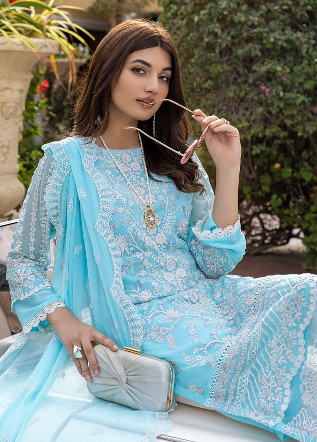 Azure Embroidered Chiffon Suits Unstitched 3 Piece AZU22LE AS-83 Aqua Stone - Eid Collection
