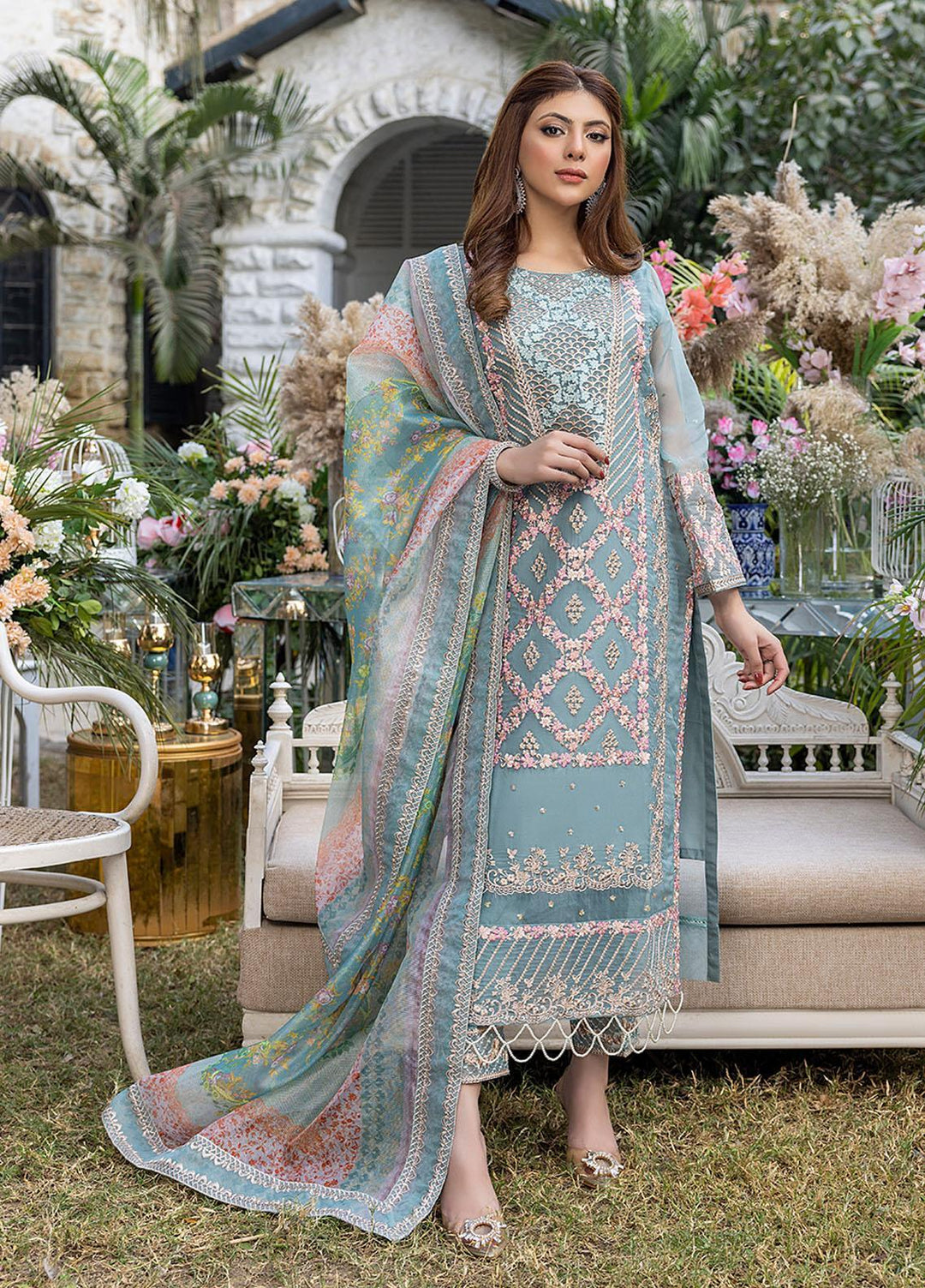 Azure Embroidered Organza Suits Unstitched 3 Piece AZU23L AS-98 Canary - Luxury Collection