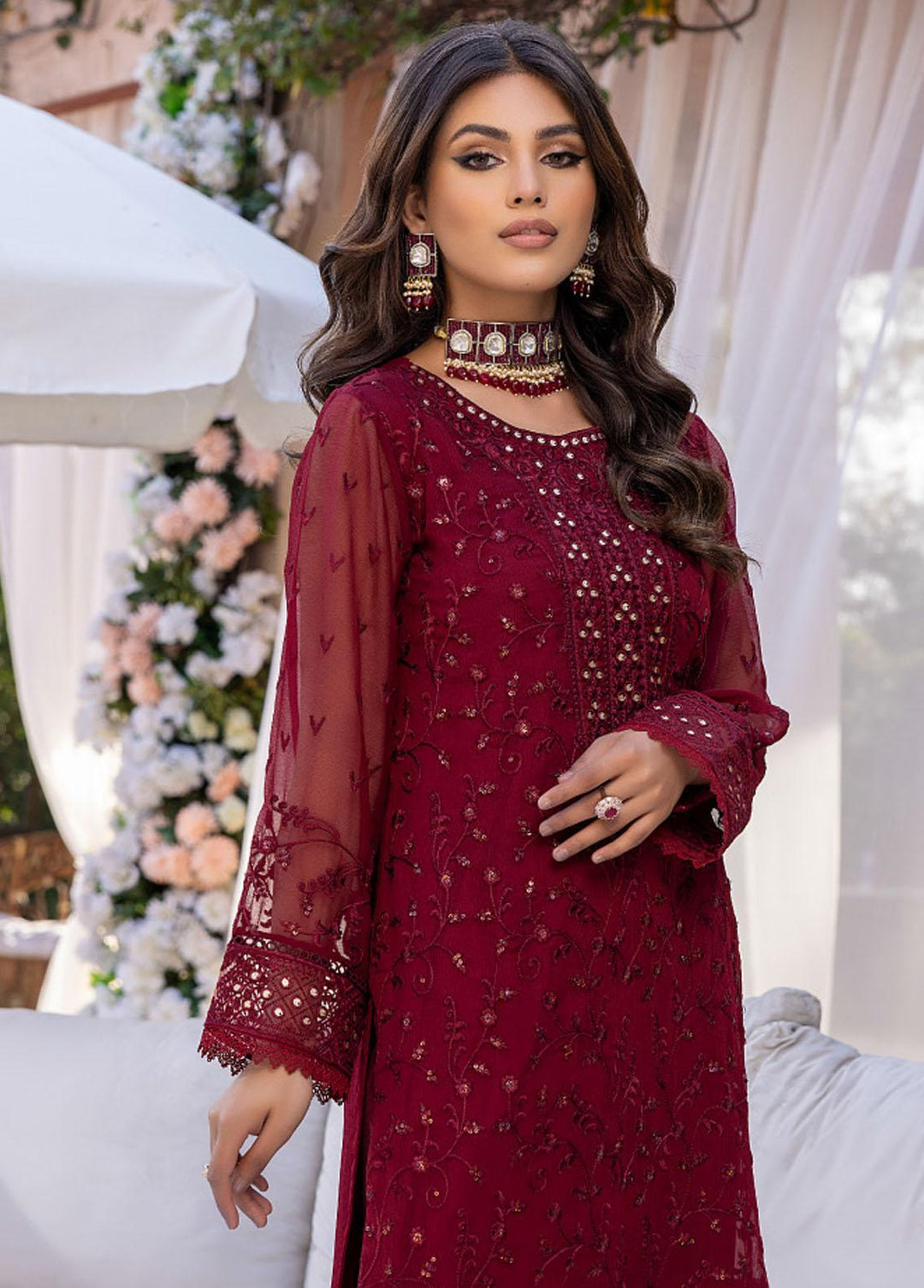 Azure Embroidered Chiffon  Unstitched Shirt AZU22LF Scarlett Wine - Luxury Formals Collection