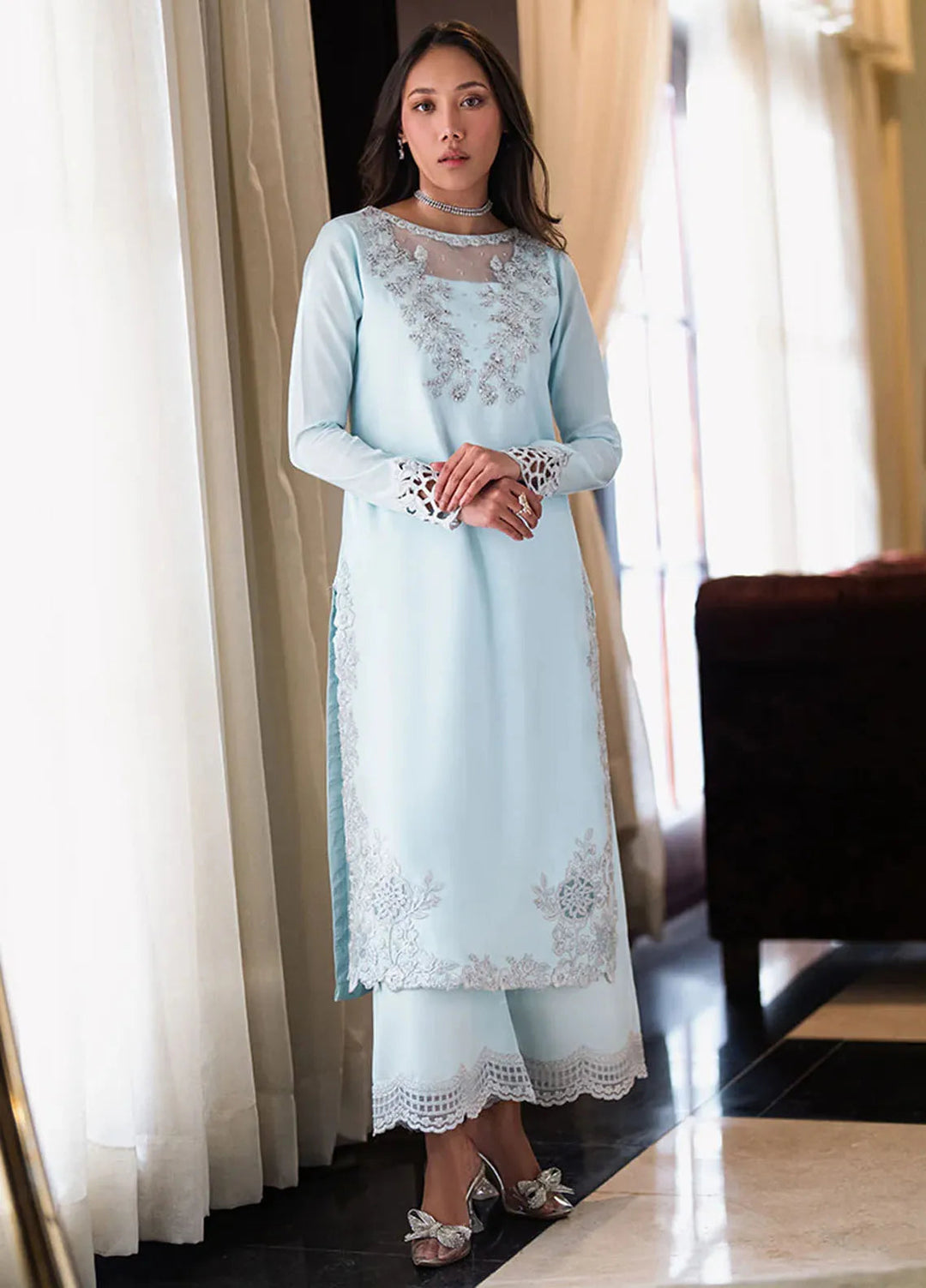 Azure Pret Embellished Raw Silk 2 Piece Suit Artctic Glow