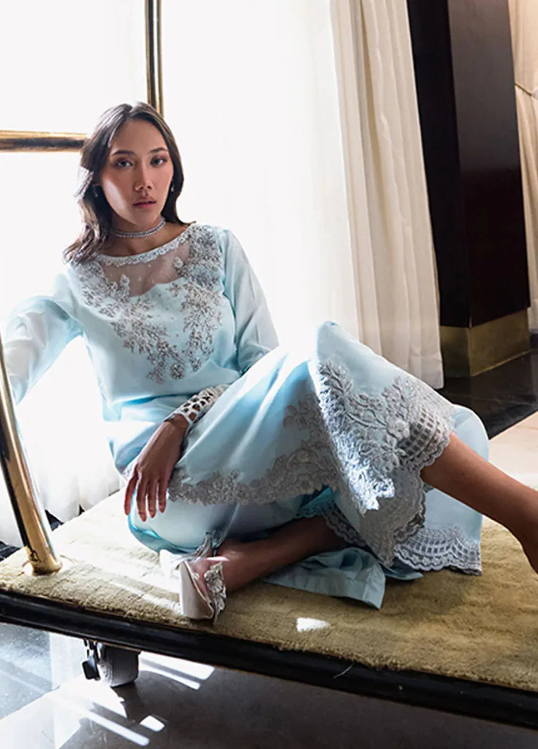 Azure Pret Embellished Raw Silk 2 Piece Suit Artctic Glow