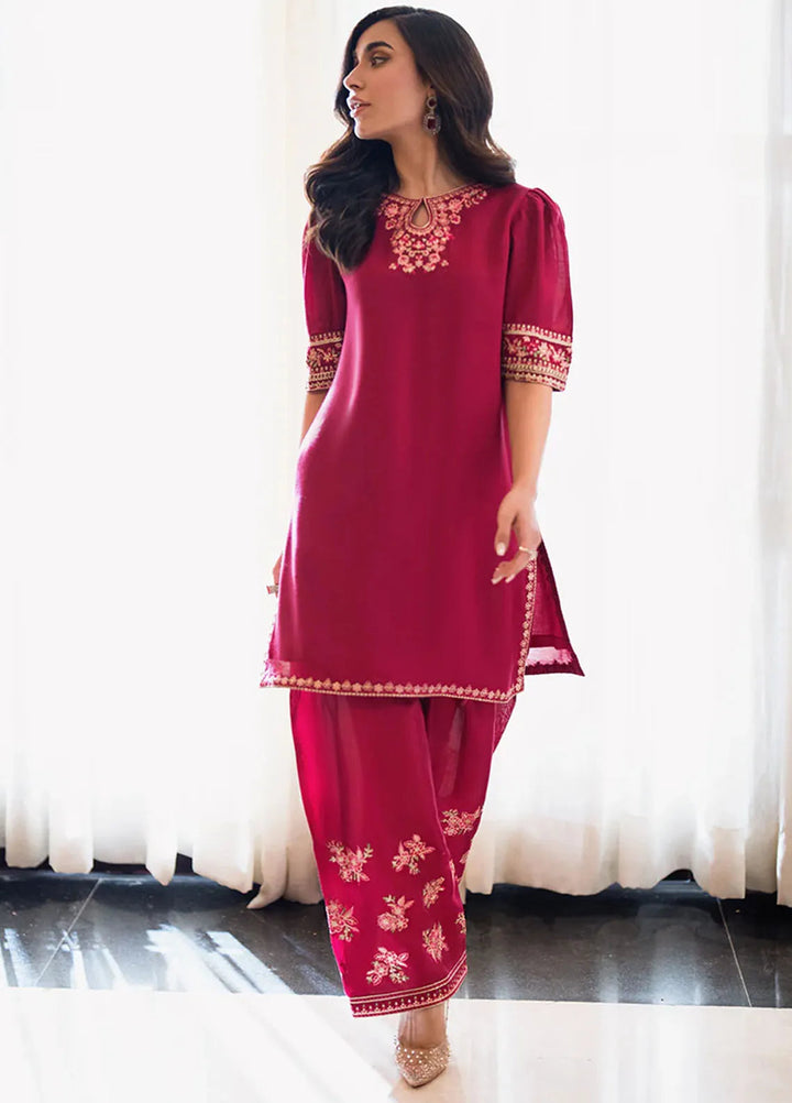 Azure Pret Embellished Raw Silk 2 Piece Suit Fuschia Grace