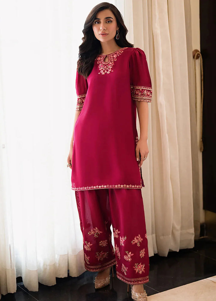 Azure Pret Embellished Raw Silk 2 Piece Suit Fuschia Grace