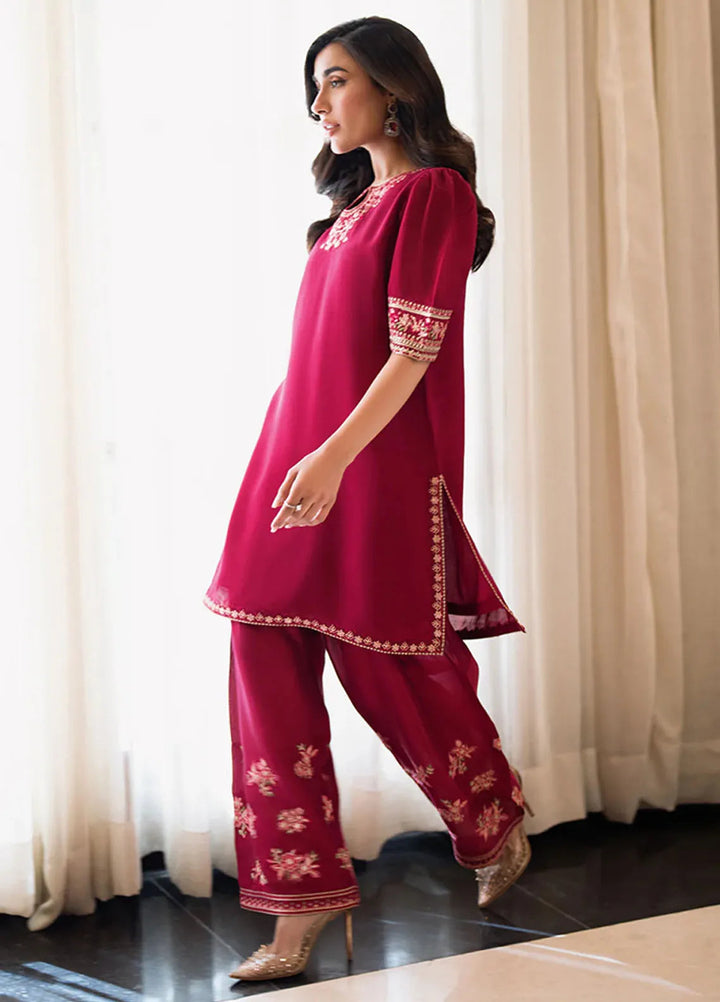 Azure Pret Embellished Raw Silk 2 Piece Suit Fuschia Grace