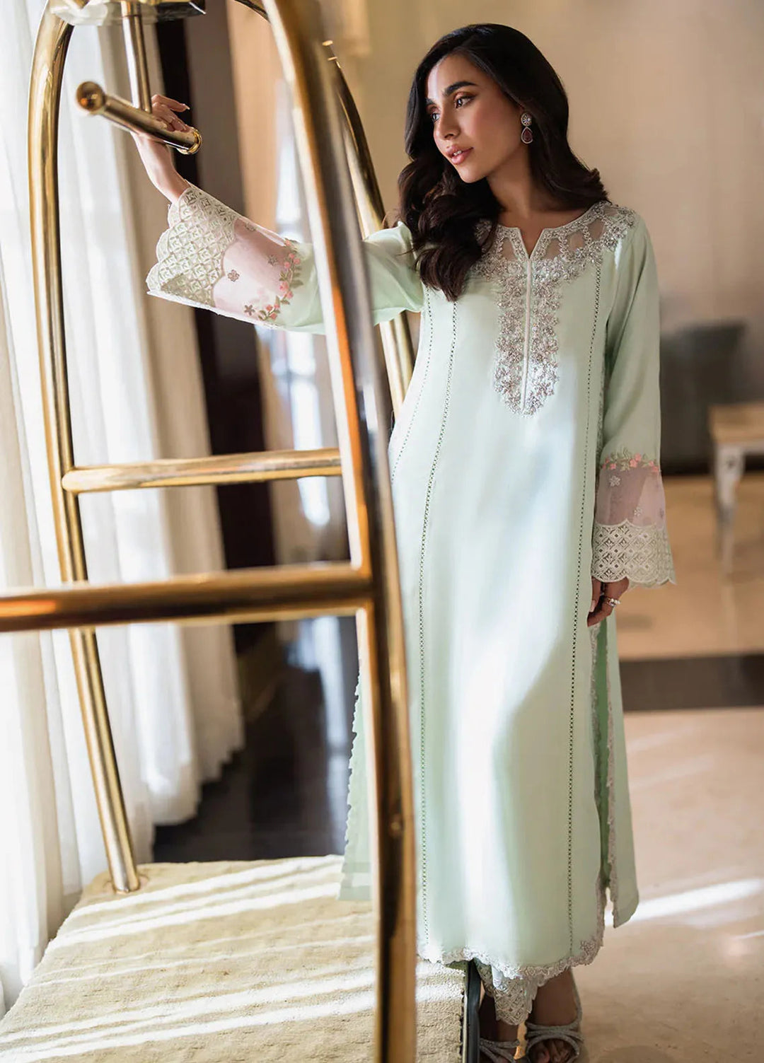 Azure Pret Embellished Raw Silk 2 Piece Suit Mint Bliss