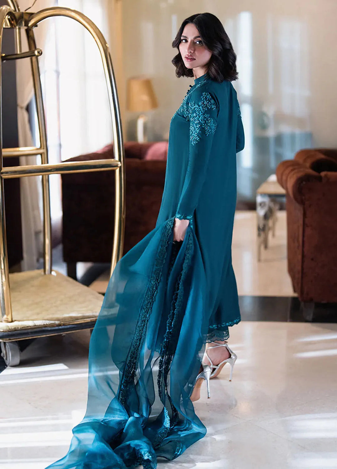 Azure Pret Embellished Raw Silk 3 Piece Suit Cypress Mist