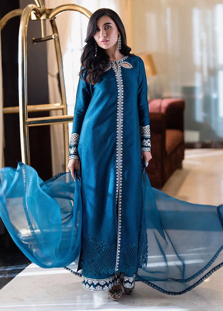 Azure Pret Embellished Sheesh Silk 3 Piece Suit Teal Serenity