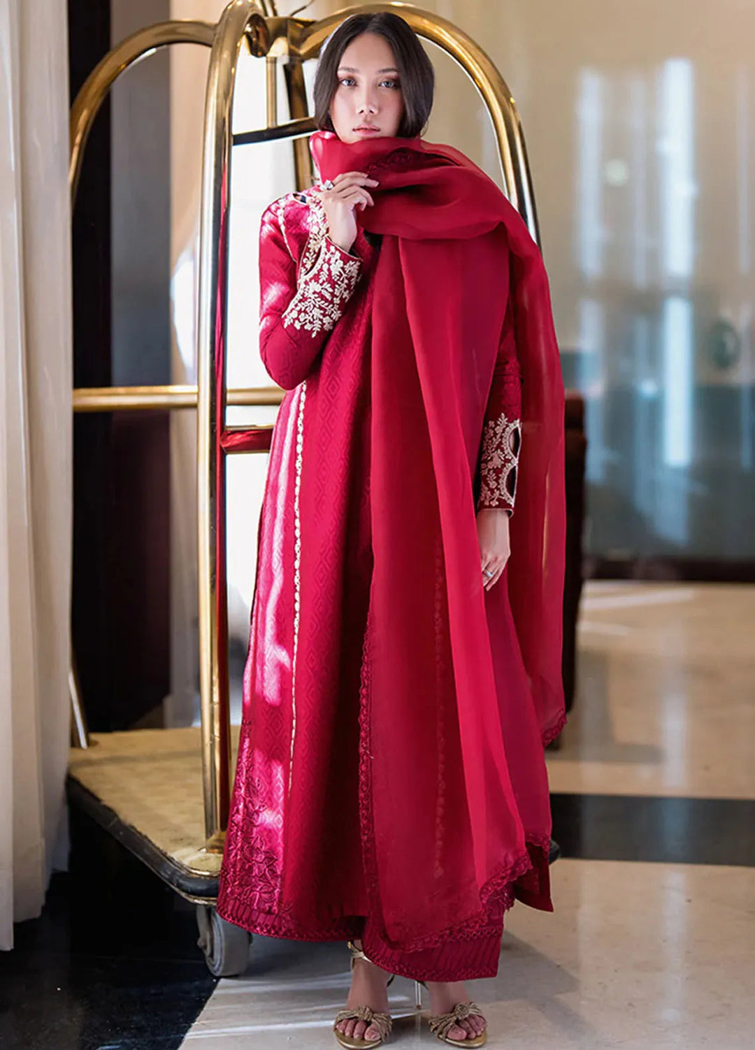 Azure Pret Embellished Sheesh Silk 3 Piece Suit Wine Reverie