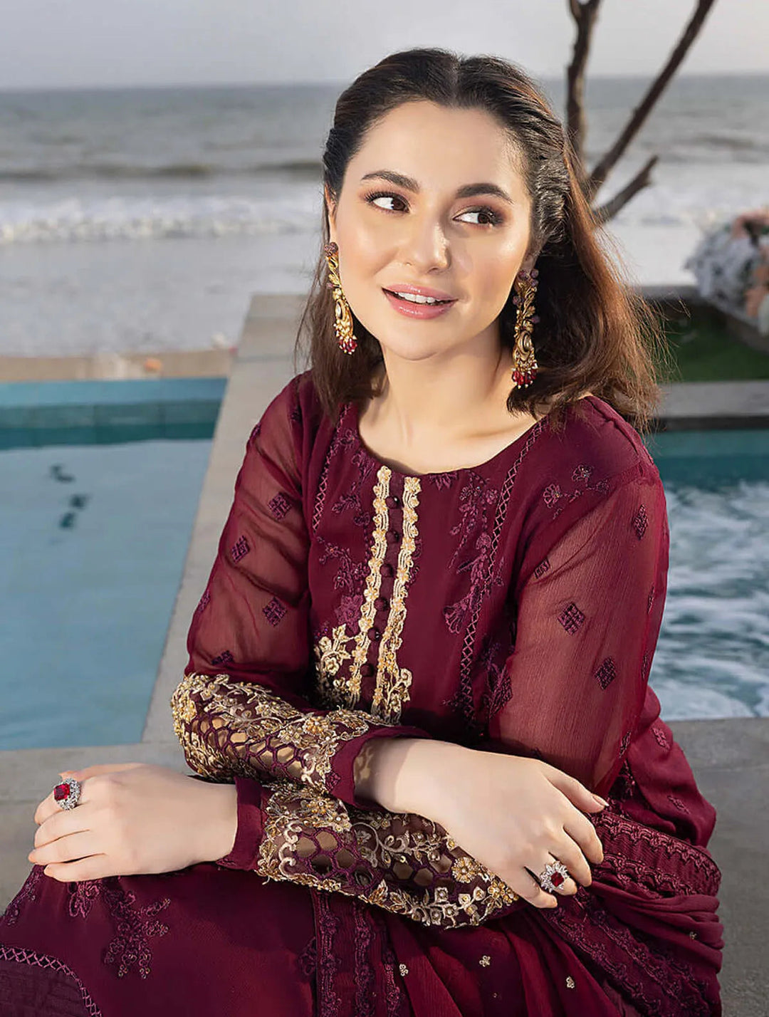 Azure Pret Embroidered Chiffon 3 Piece Suit Carnelian