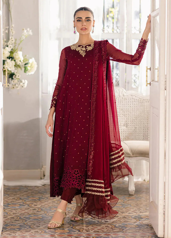 Azure Pret Embroidered Chiffon 3 Piece Suit Garnet Glam