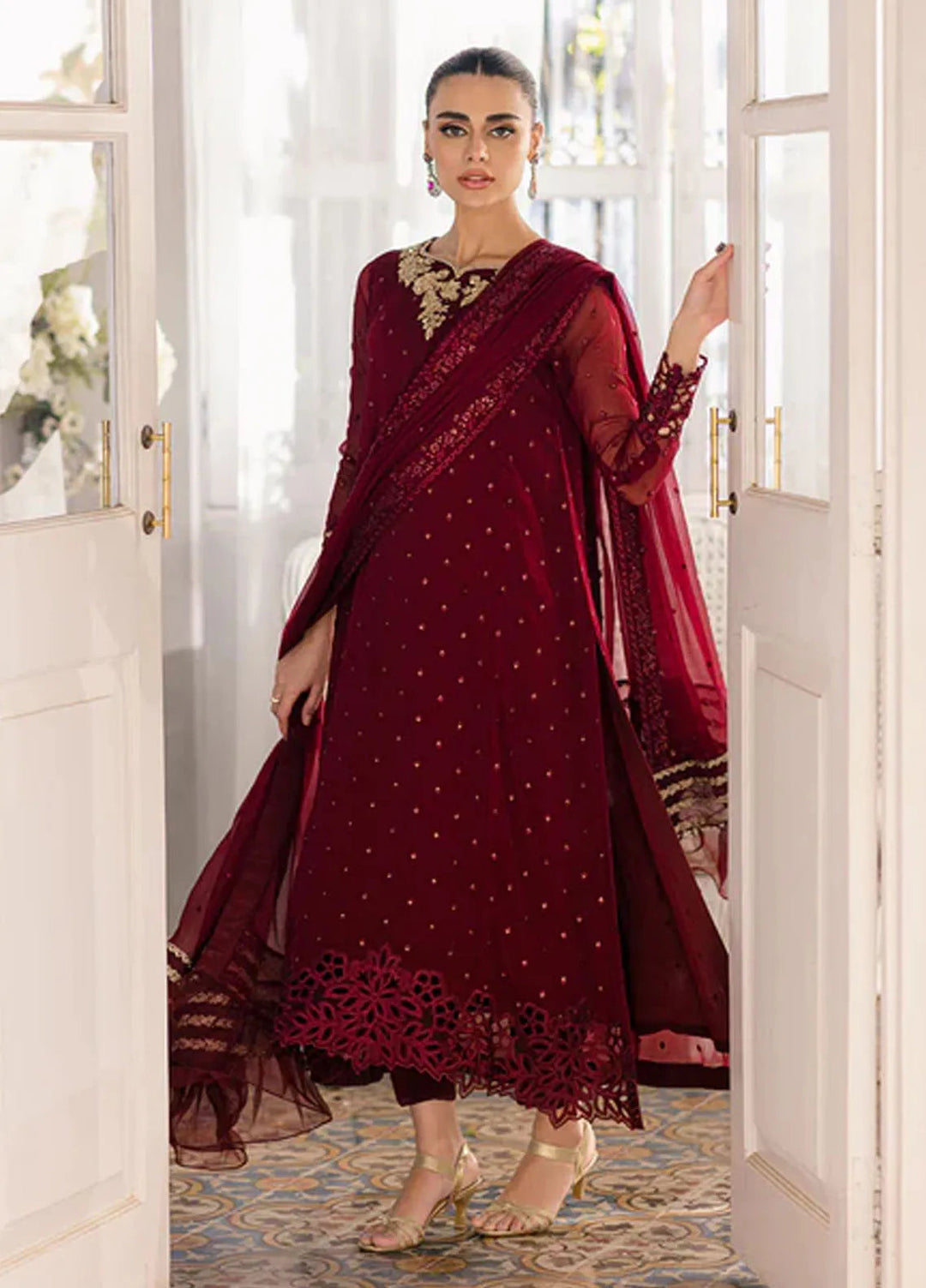 Azure Pret Embroidered Chiffon 3 Piece Suit Garnet Glam