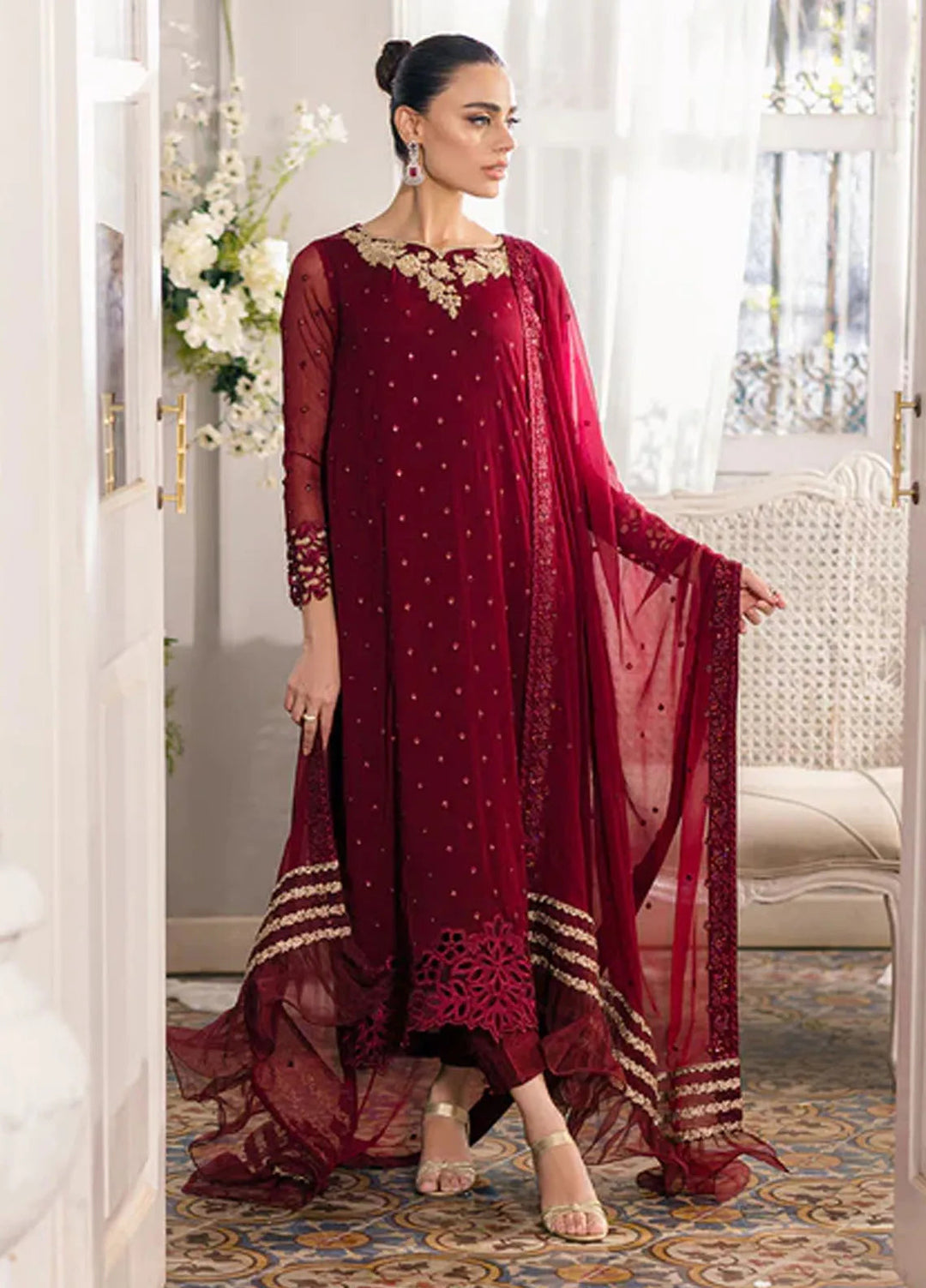 Azure Pret Embroidered Chiffon 3 Piece Suit Garnet Glam