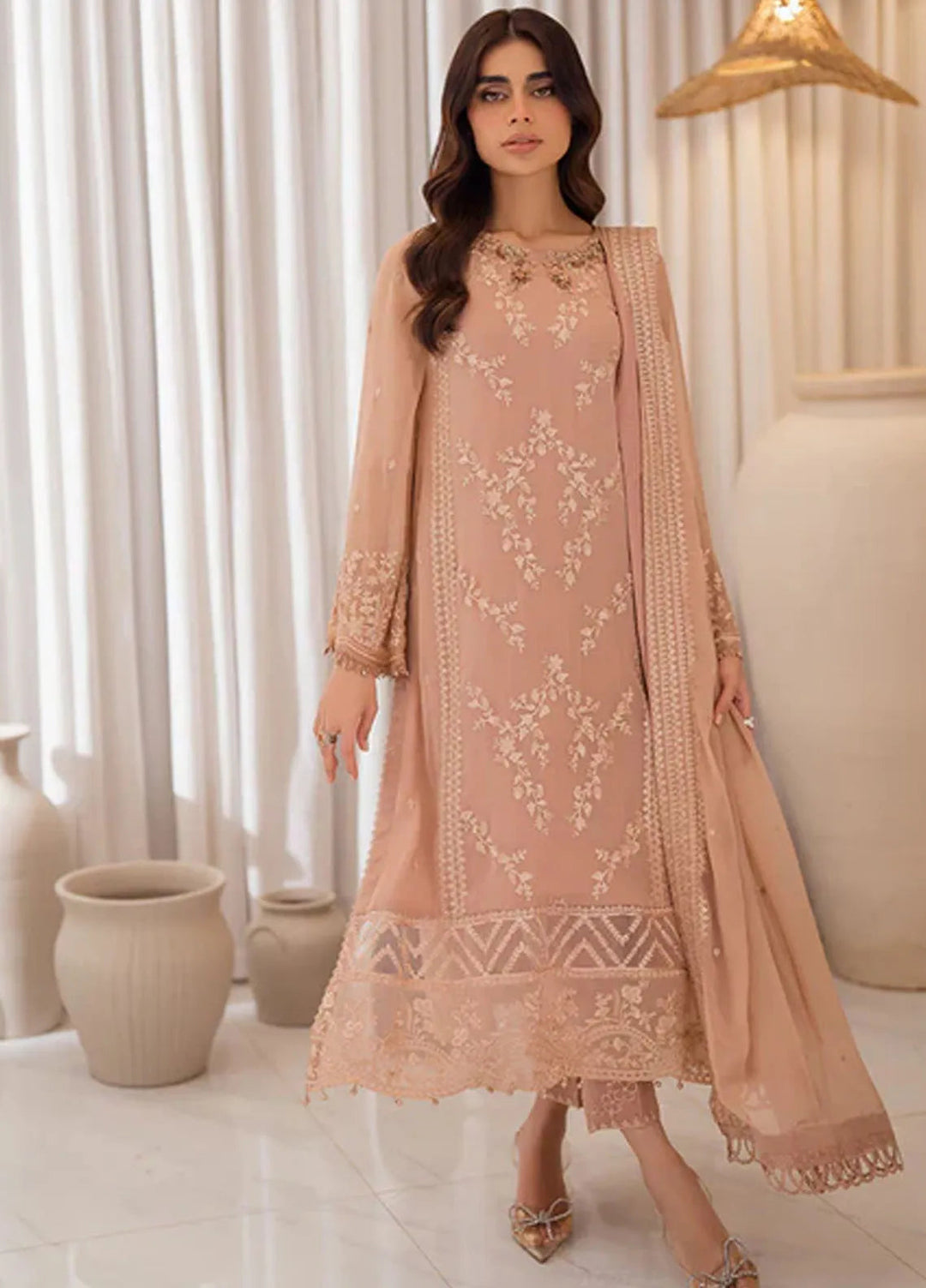 Azure Pret Embroidered Chiffon 4 Piece Suit Beige Bliss
