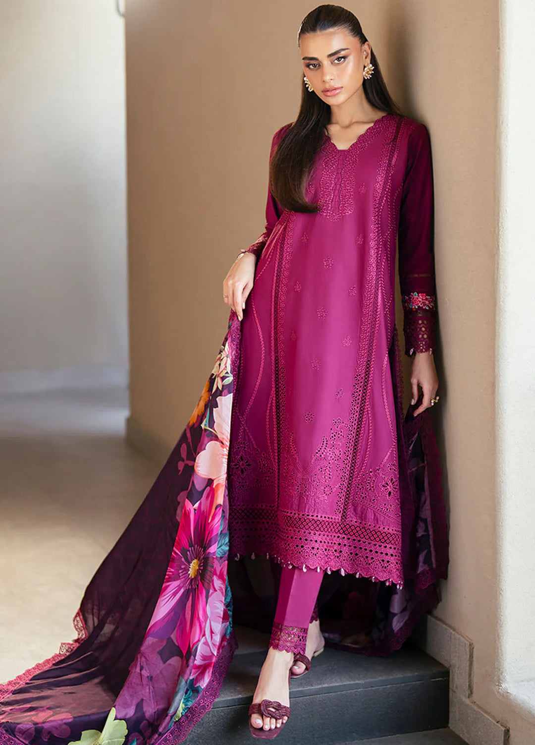 Azure Pret Embroidered Lawn 3 Piece Suit Wine Mirage