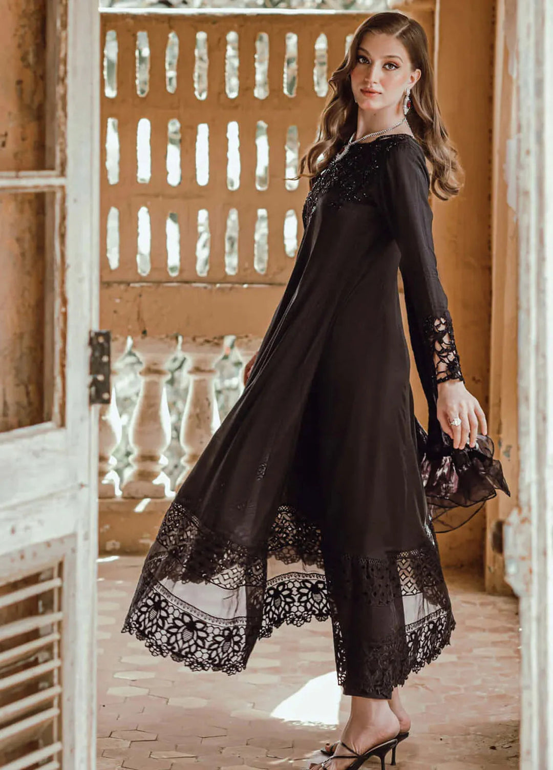 Azure Pret Embroidered Silk 3 Piece Suit Charcoal Muse