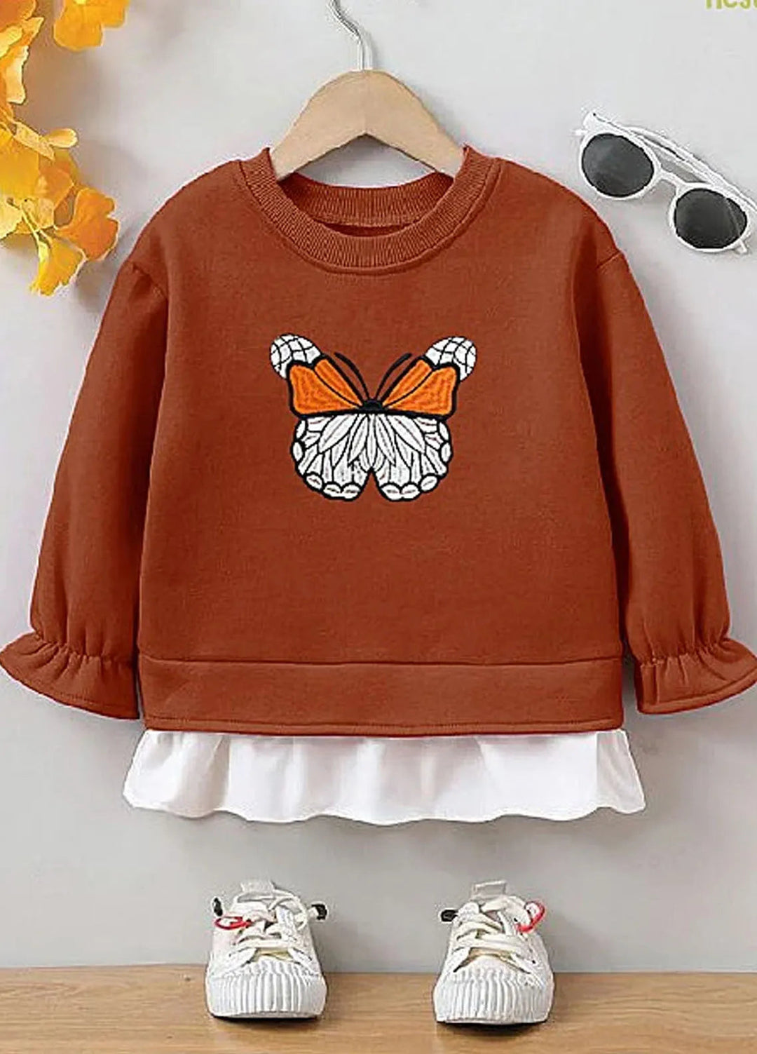 Baby Nest Butterfly Drop Shoulder Sweatshirt For Girls Brown-1342