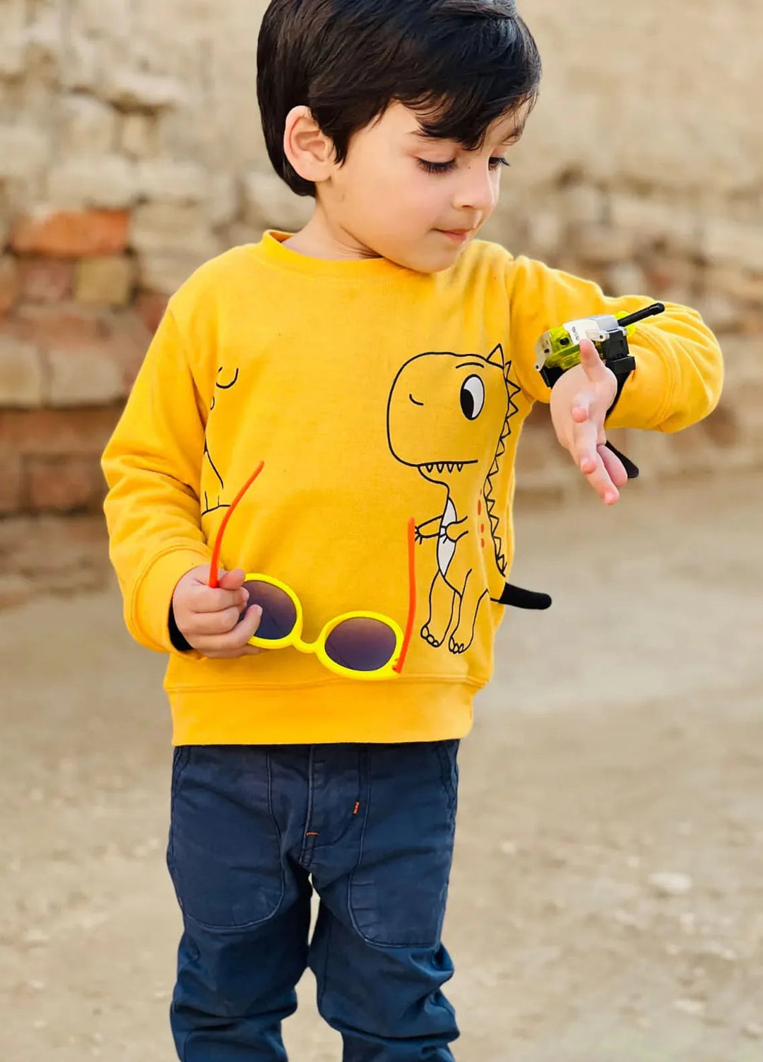 Baby Nest Dino Terry Sweatshirt For Kids With 3D Tail Yellow-1327