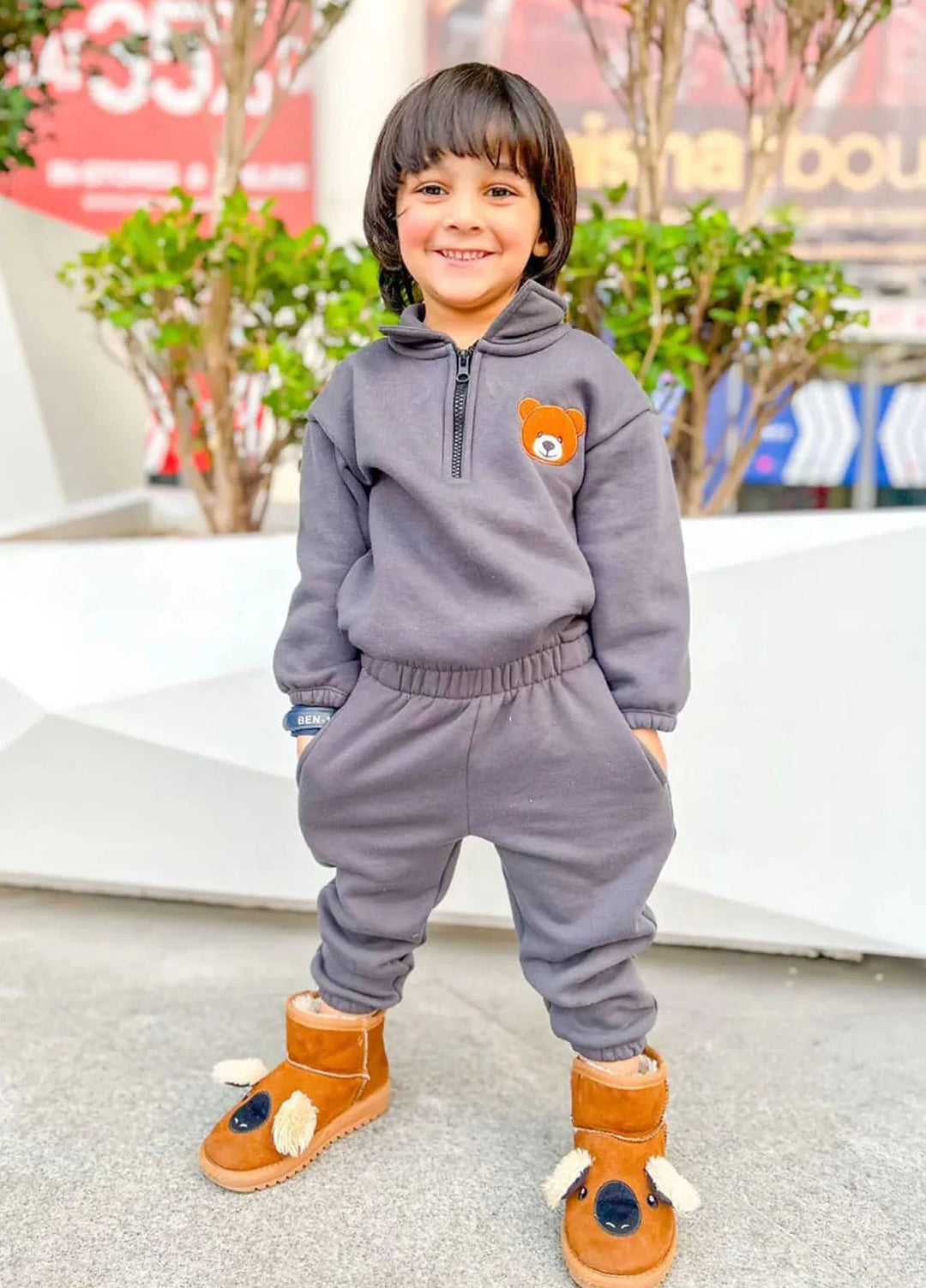 Baby Nest Embroidery Fleece Sweatshirt With Sweatpants Teddy Face Black Kids Wear 2 Pc Set-1316