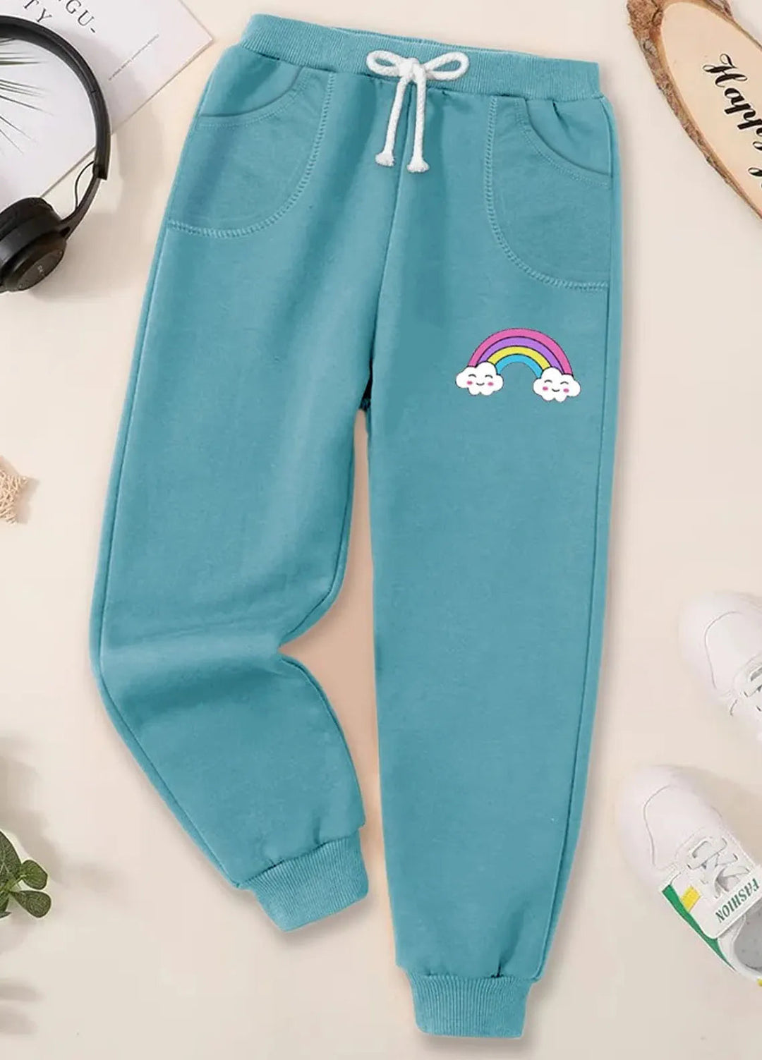 Baby Nest Fleece Jogger Pants For Kids Rainbow Cloud Light Blue-BNDR-29