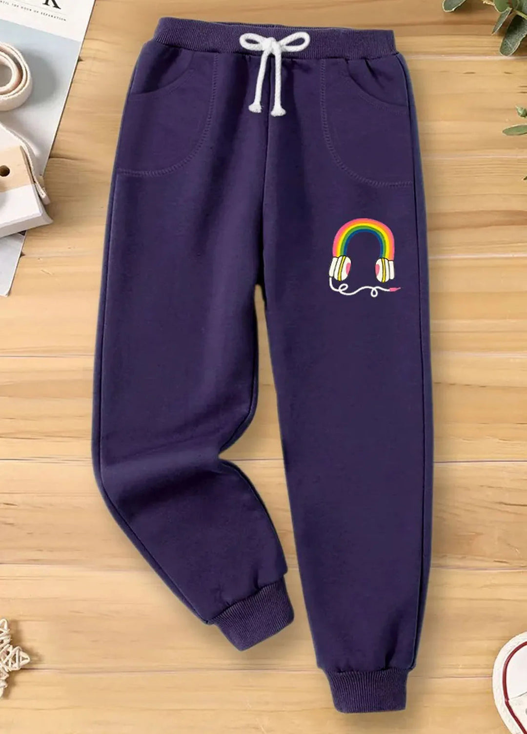 Baby Nest Fleece Jogger Pants For Kids Rainbow Headphones Purple-BNDR-31