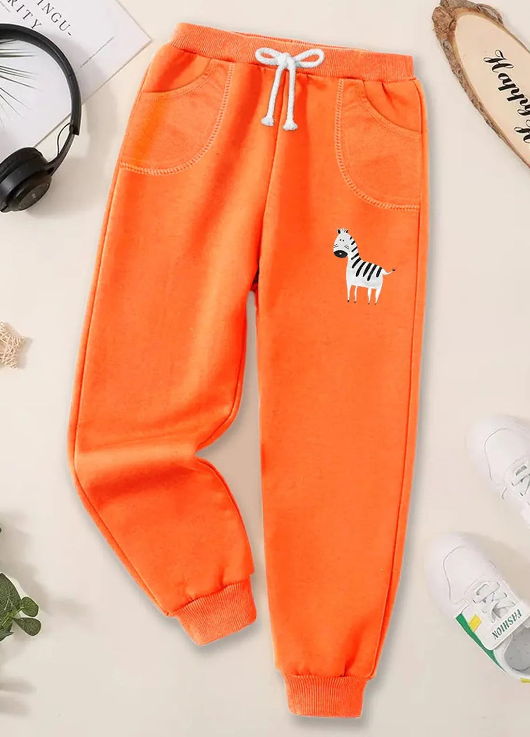 Baby Nest Fleece Jogger Pants For Kids Zebra Light Orange-BNDR-28