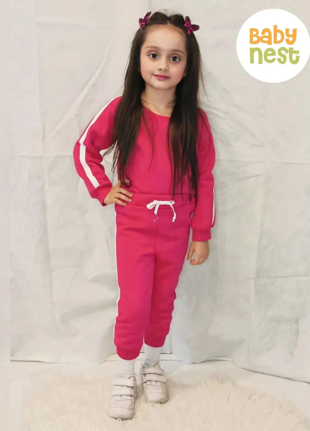 Baby Nest Fleece Sweatshirt With Sweatpants Hot Pink Kids Wear 2 Pc Set-1314