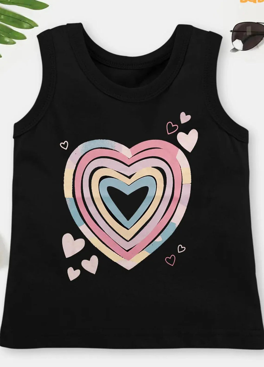 Baby Nest Girls Sando Heart Printed Black